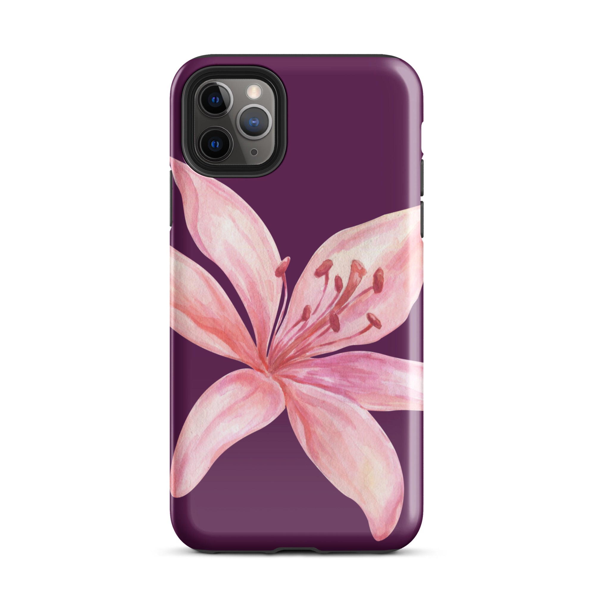 Tiger Lily Purple Pink iPhone Case - Dual Layer Protection With Polycarbonate Outer Shell featuring a large pink lily on purple background