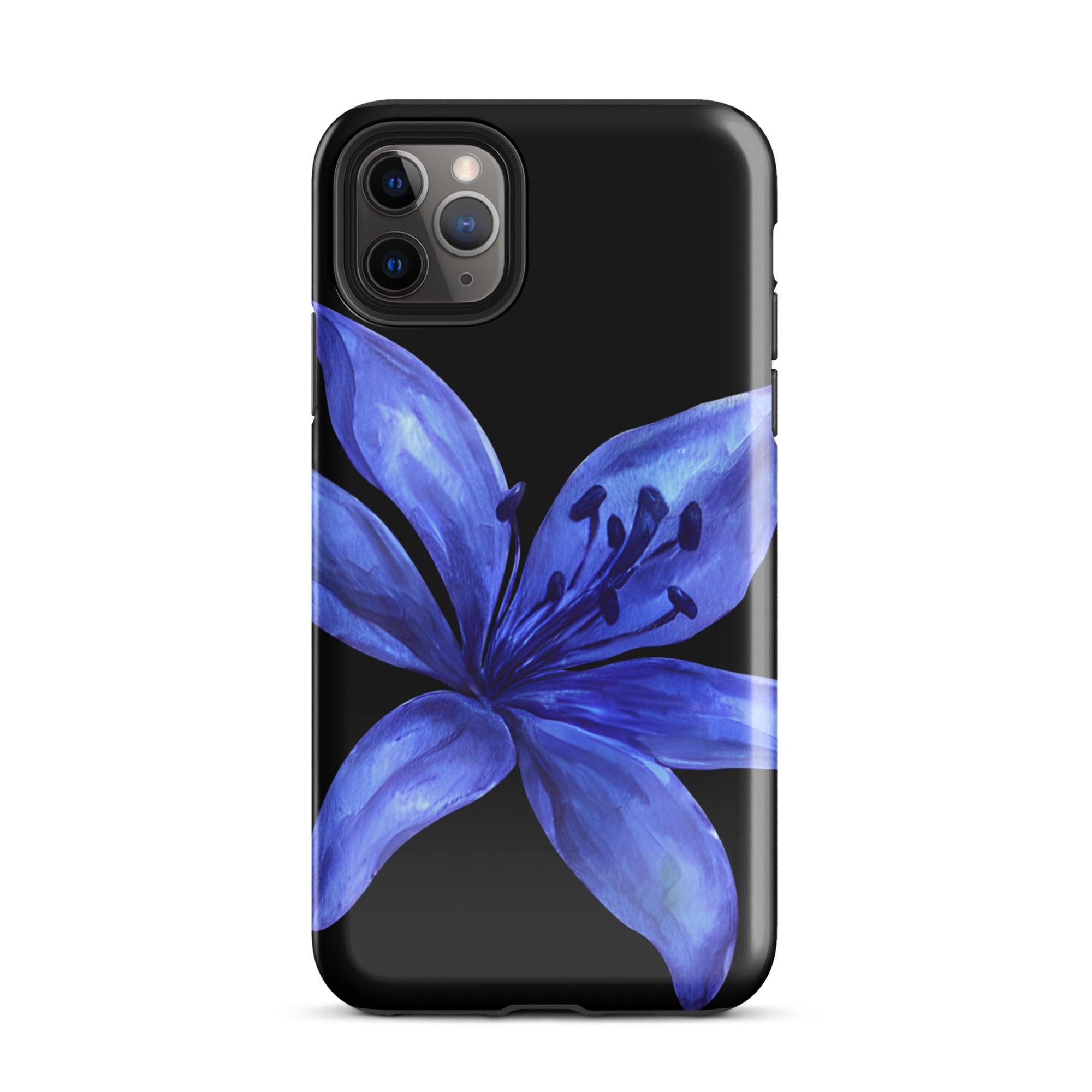 Blue tiger lily on black iPhone case with durable dual-layer protection