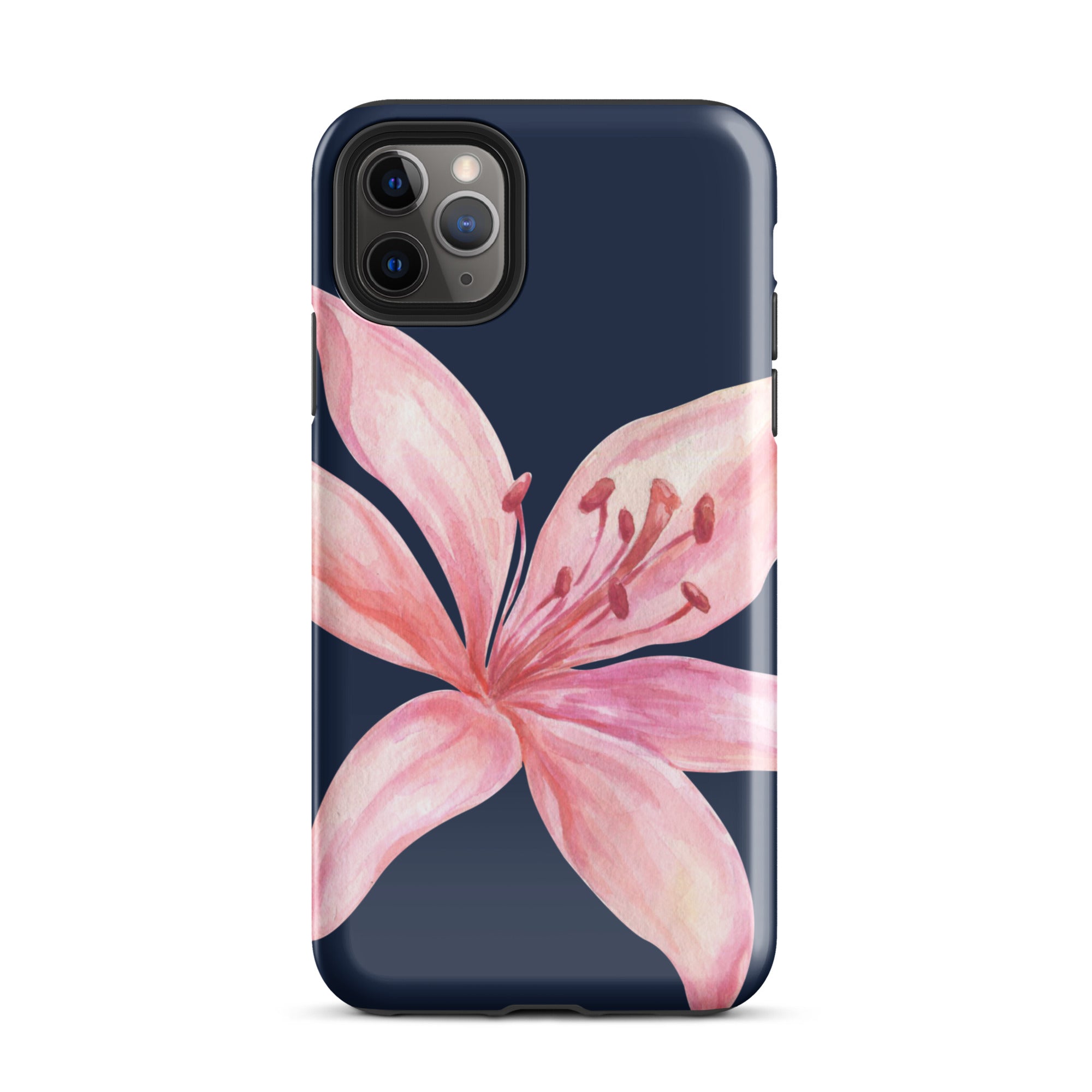 Blue tiger lily iPhone case on navy background; dual-layer polycarbonate outer shell with TPU inner lining.