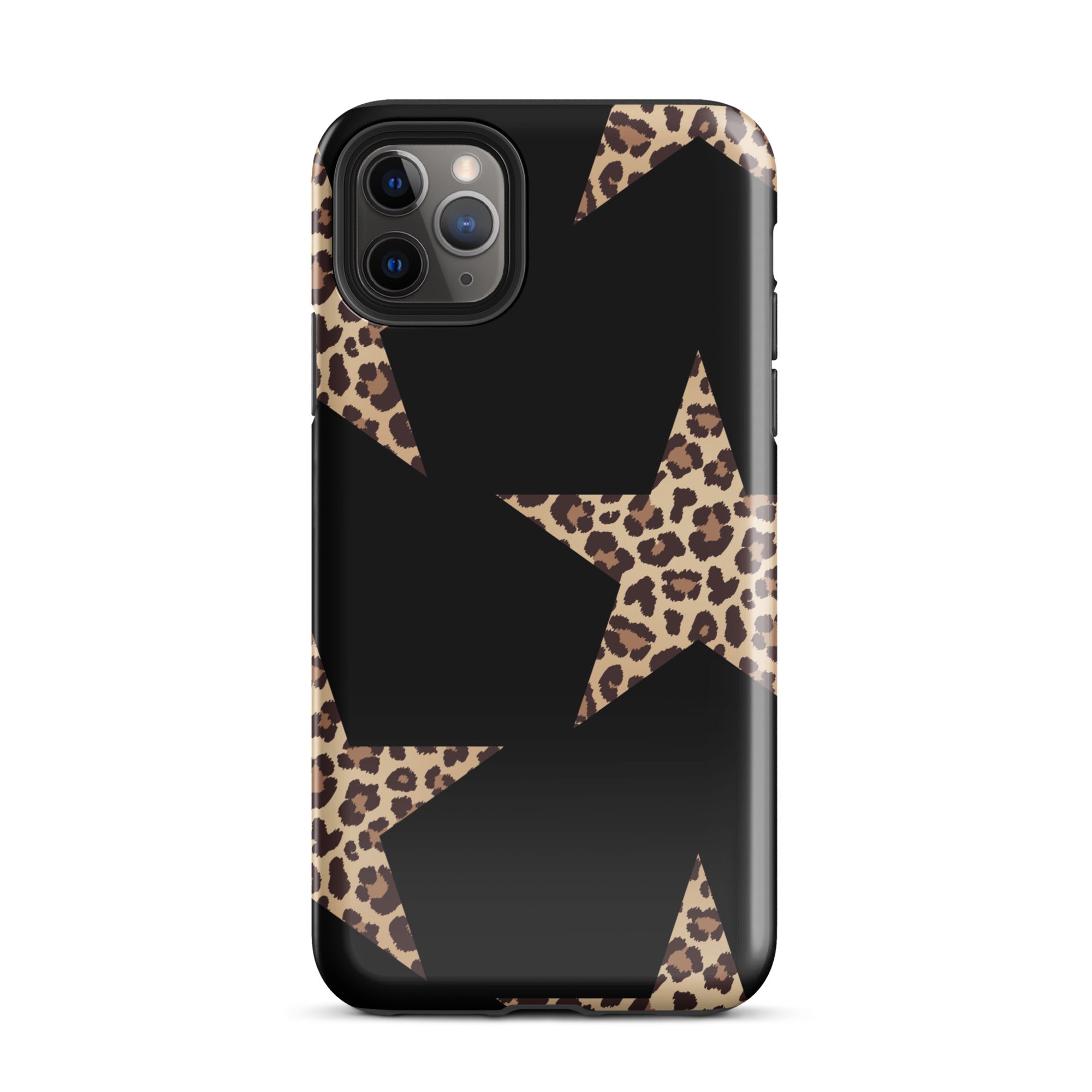 Black iPhone case featuring leopard-print stars in a geometric layout with dual-layer protection.