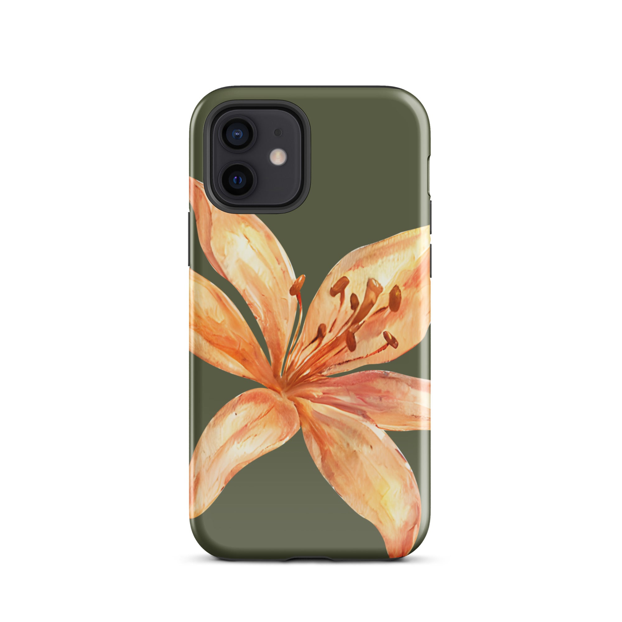 Tiger Lily IPhone Case - Botanical Art Floral y2k preppy Phone cover with orange flower design on olive background