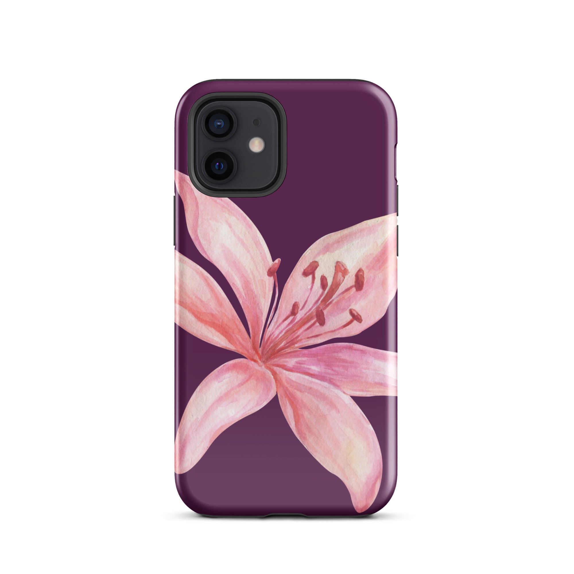Tiger Lily Purple Pink iPhone Case - Dual Layer Protection With Polycarbonate Outer Shell with floral design on purple background