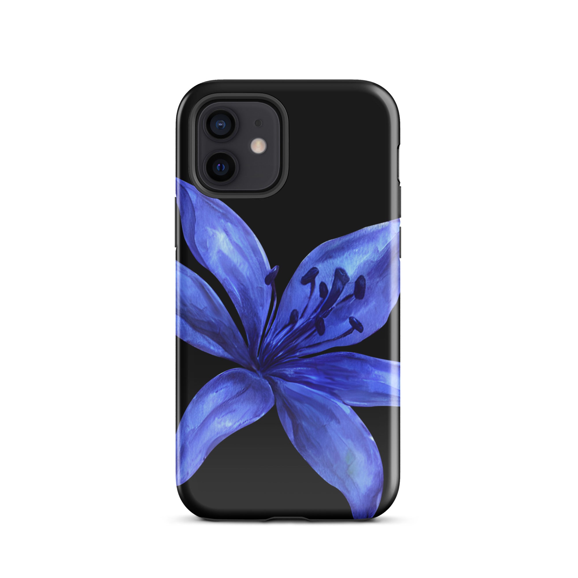 Blue tiger lily design on black dual-layer iPhone case with polycarbonate shell and TPU liner