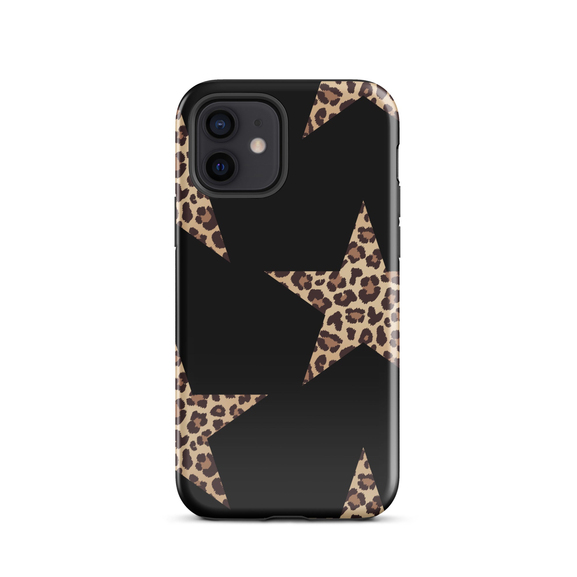 Black Cheetah Stars iPhone case with leopard-print stars on black background and dual-layer protection.