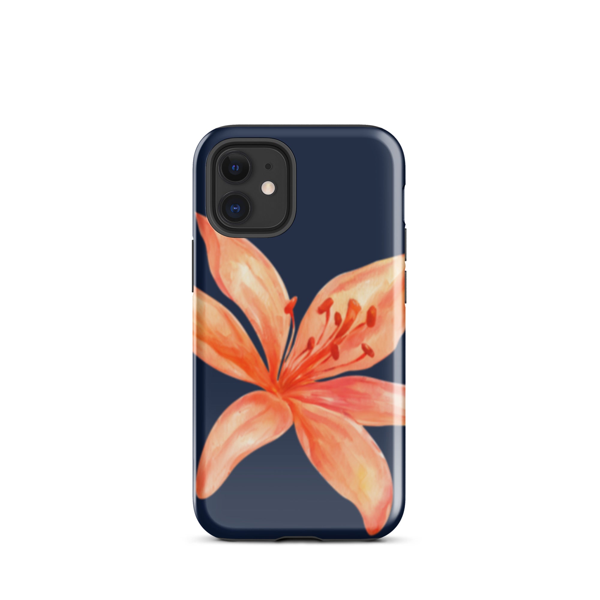 Coral Tiger Lily iPhone Case - Y2K Floral Navy With Glossy Or Matte featuring a large coral flower on navy background