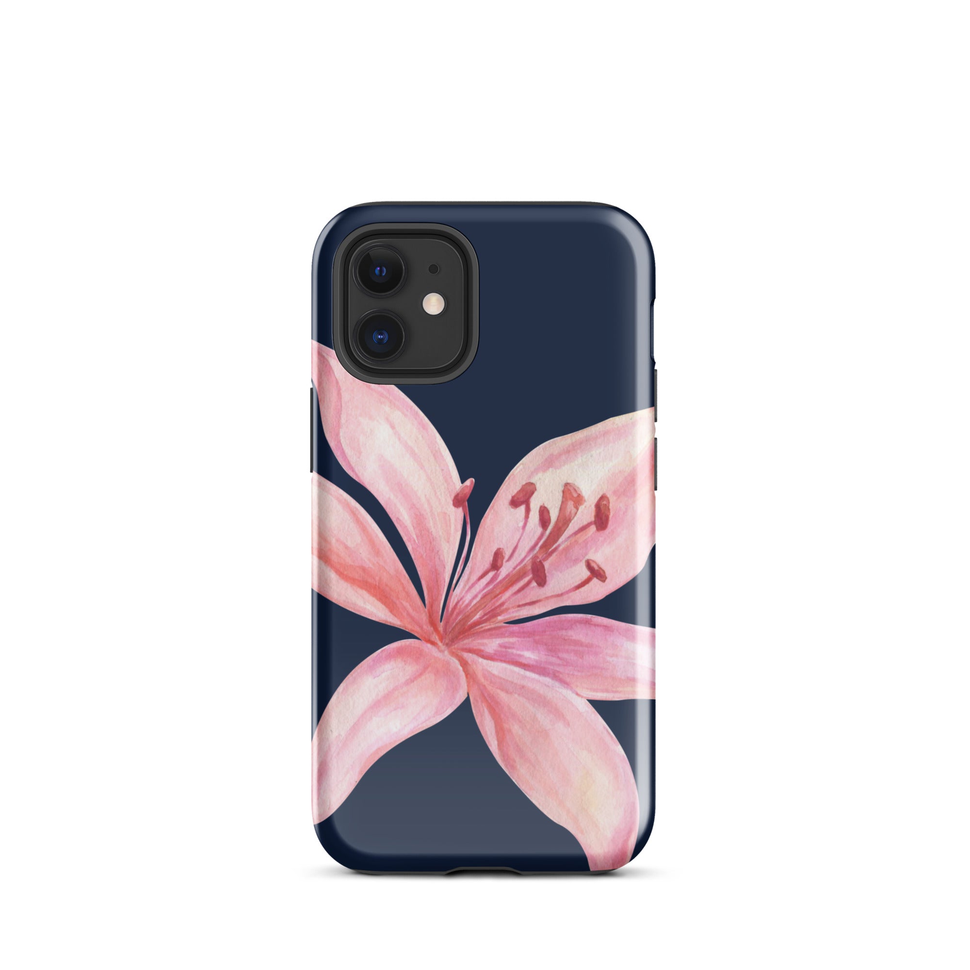 Blue navy iPhone case featuring pink tiger lily design; dual-layer polycarbonate and TPU protection.