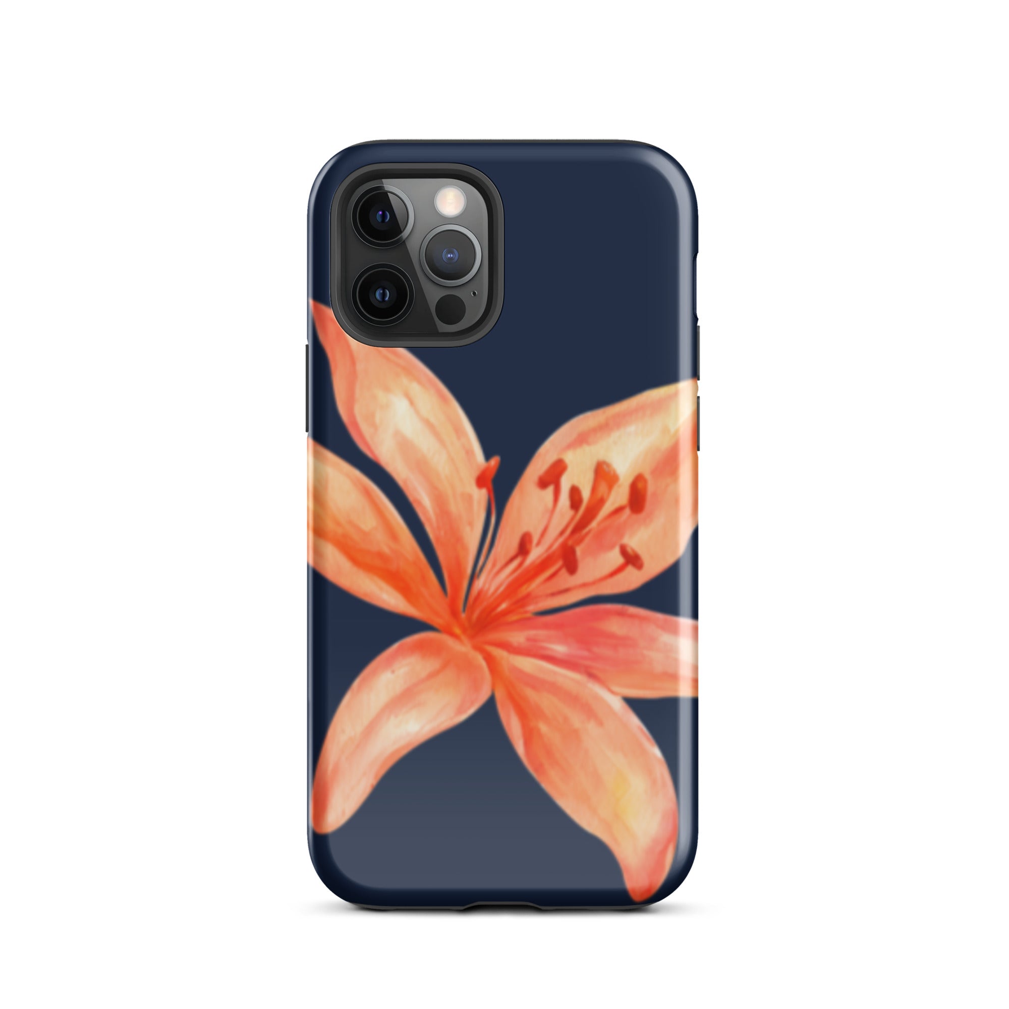 Coral Tiger Lily iPhone Case - Y2K Floral Navy With Glossy Or Matte featuring a bright orange flower on navy background