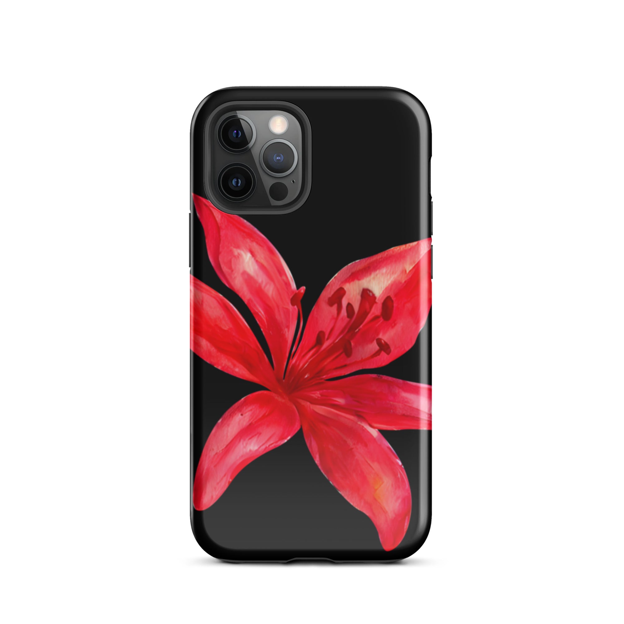Red Tiger Lily IPhone Case - Y2K Floral Black Phone Case With Dual Layer Protection In Glossy Or Matte Finish featuring vibrant red flower design