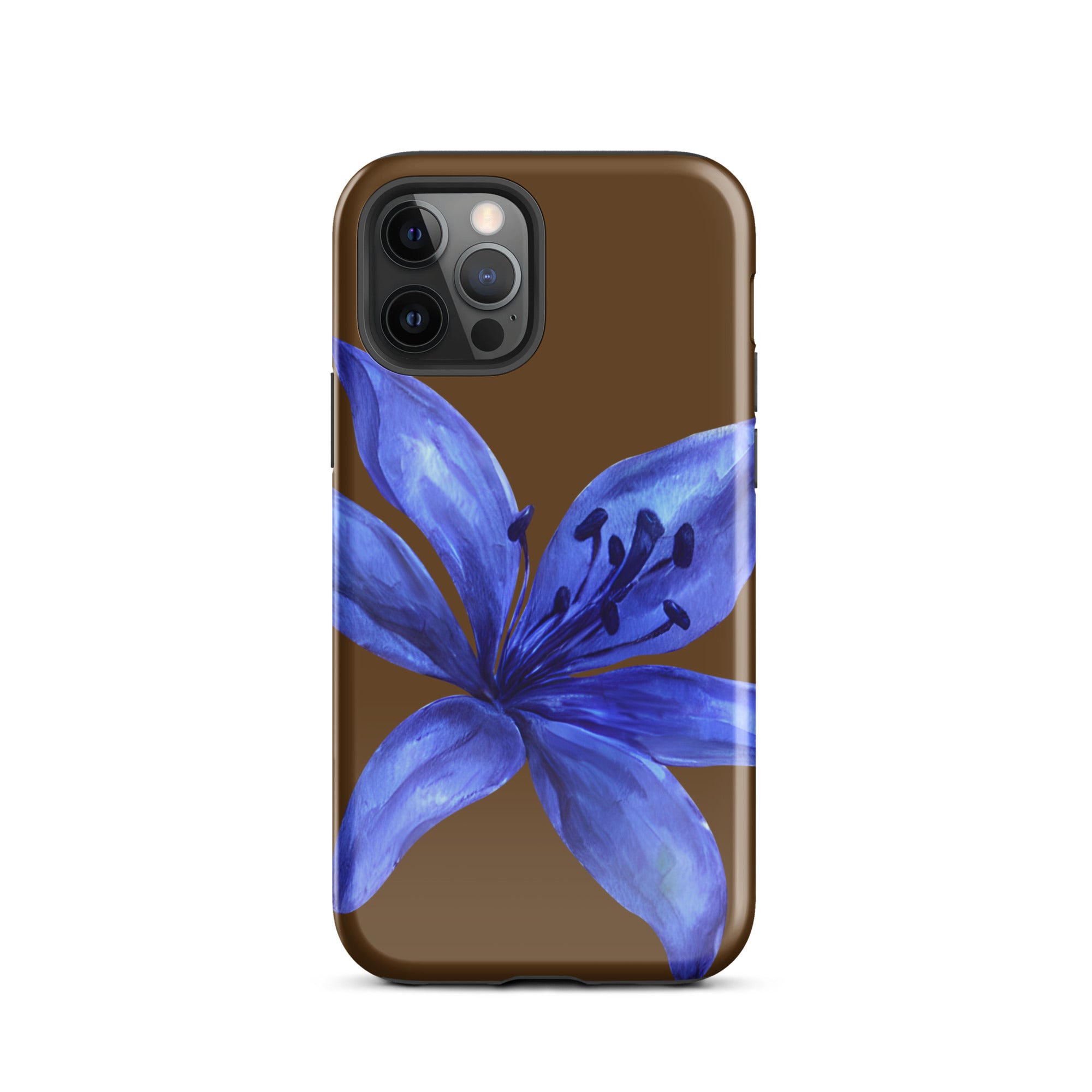 Tiger Lily Brown and Blue Tiger Lily iPhone Case - Dual Layer Protection With Impact Resistant Polycarbonate featuring blue flower design on brown background