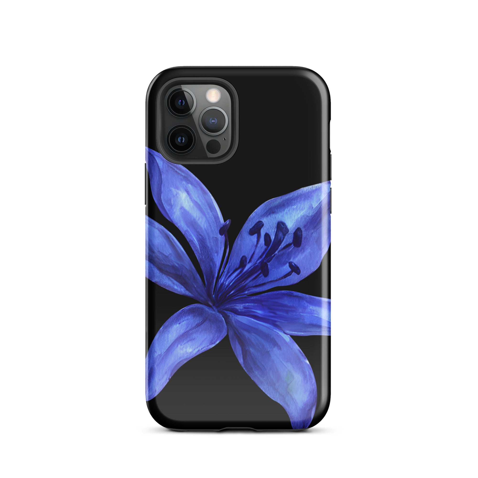 Blue and black tiger lily design on a durable dual-layer iPhone case.