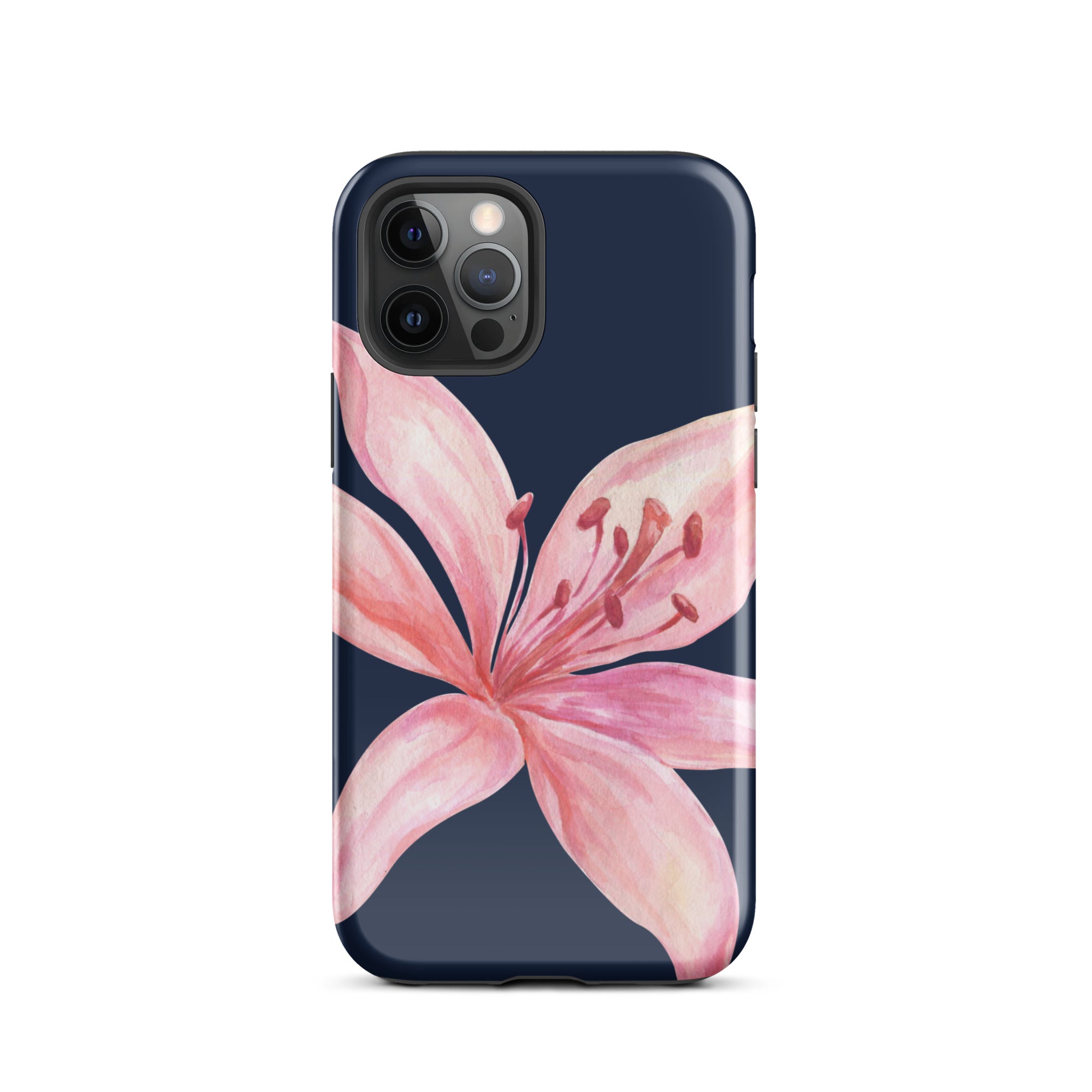 Blue and pink tiger lily iPhone case with dual-layer protection.