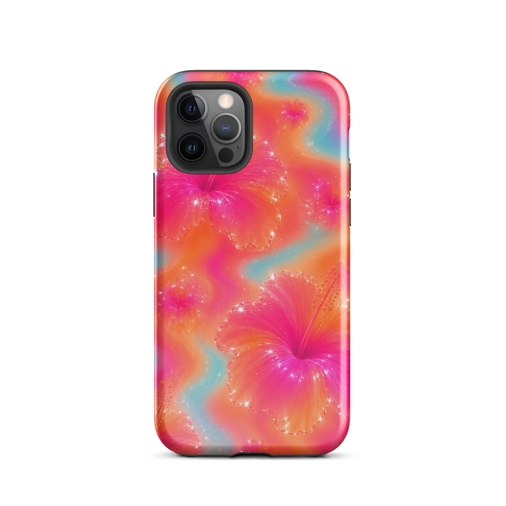 Close-up of iPhone with floral protective case and camera cutout