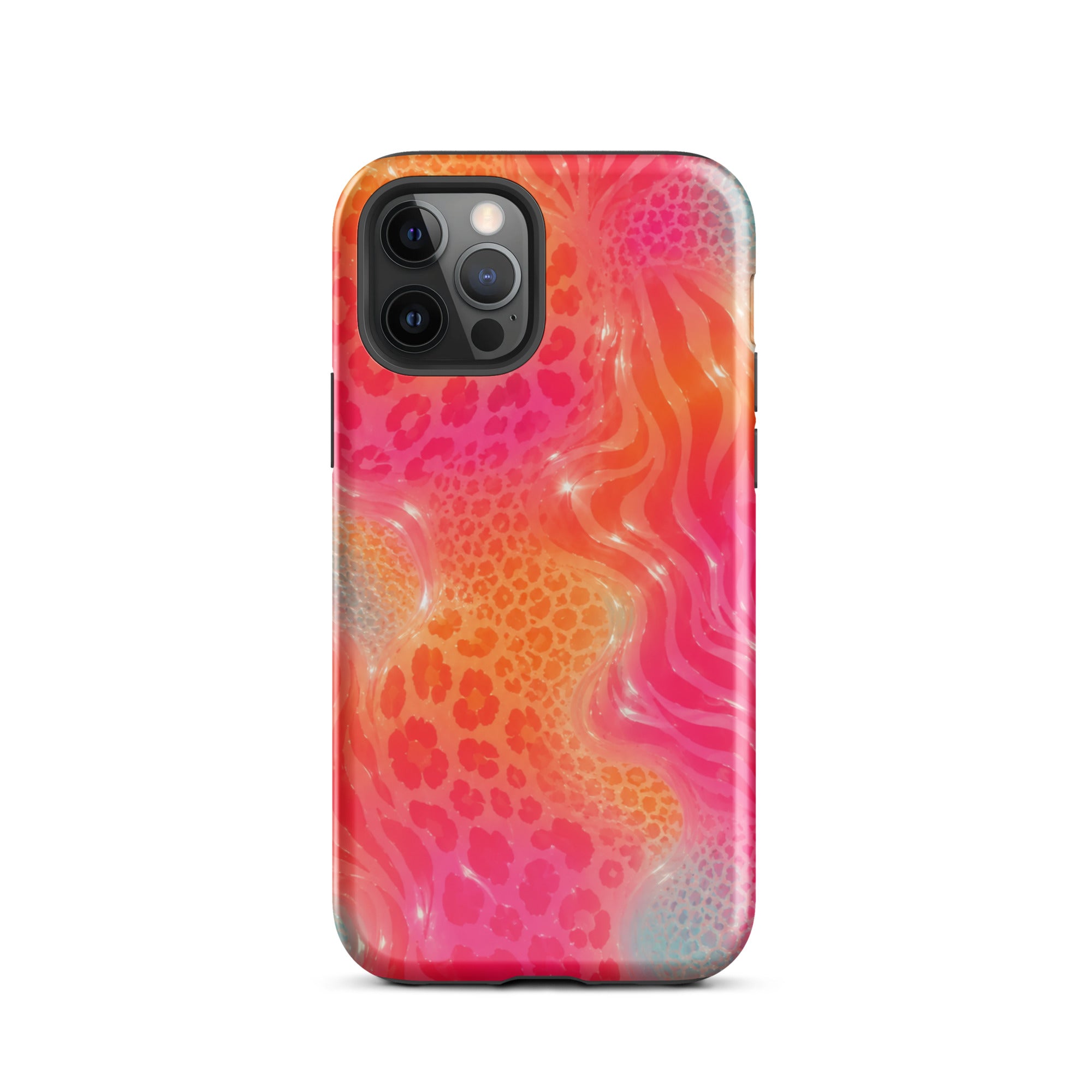 Close-up of impact-resistant animal print iPhone case with camera cutout