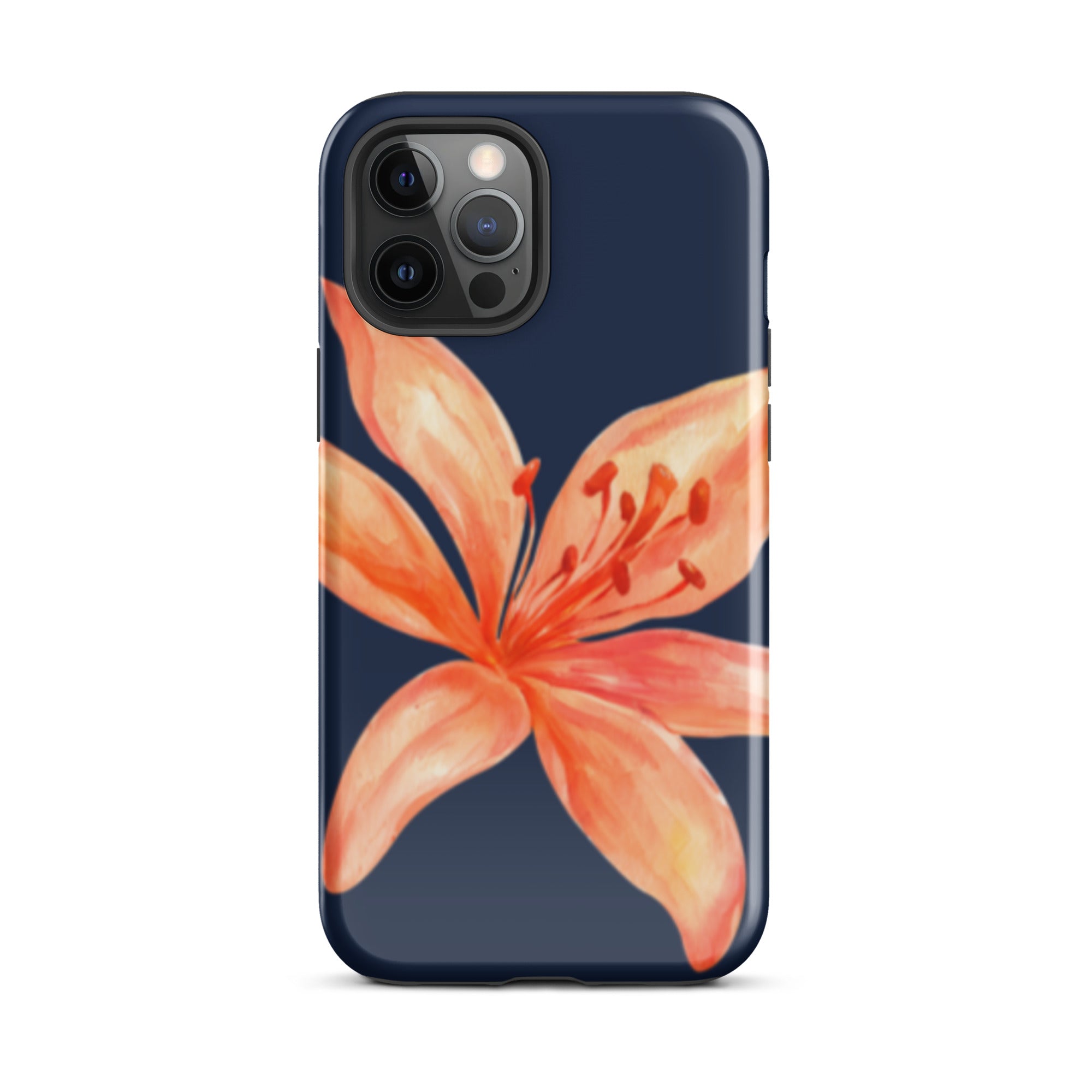 Coral Tiger Lily iPhone Case - Y2K Floral Navy With Glossy Or Matte featuring a large coral tiger lily on navy background