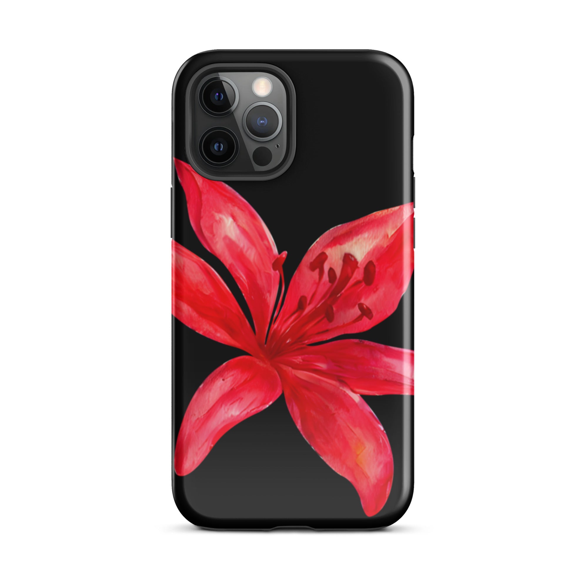 Red Tiger Lily IPhone Case - Y2K Floral Black Phone Case With Dual Layer Protection In Glossy Or Matte Finish showing bold red flower design