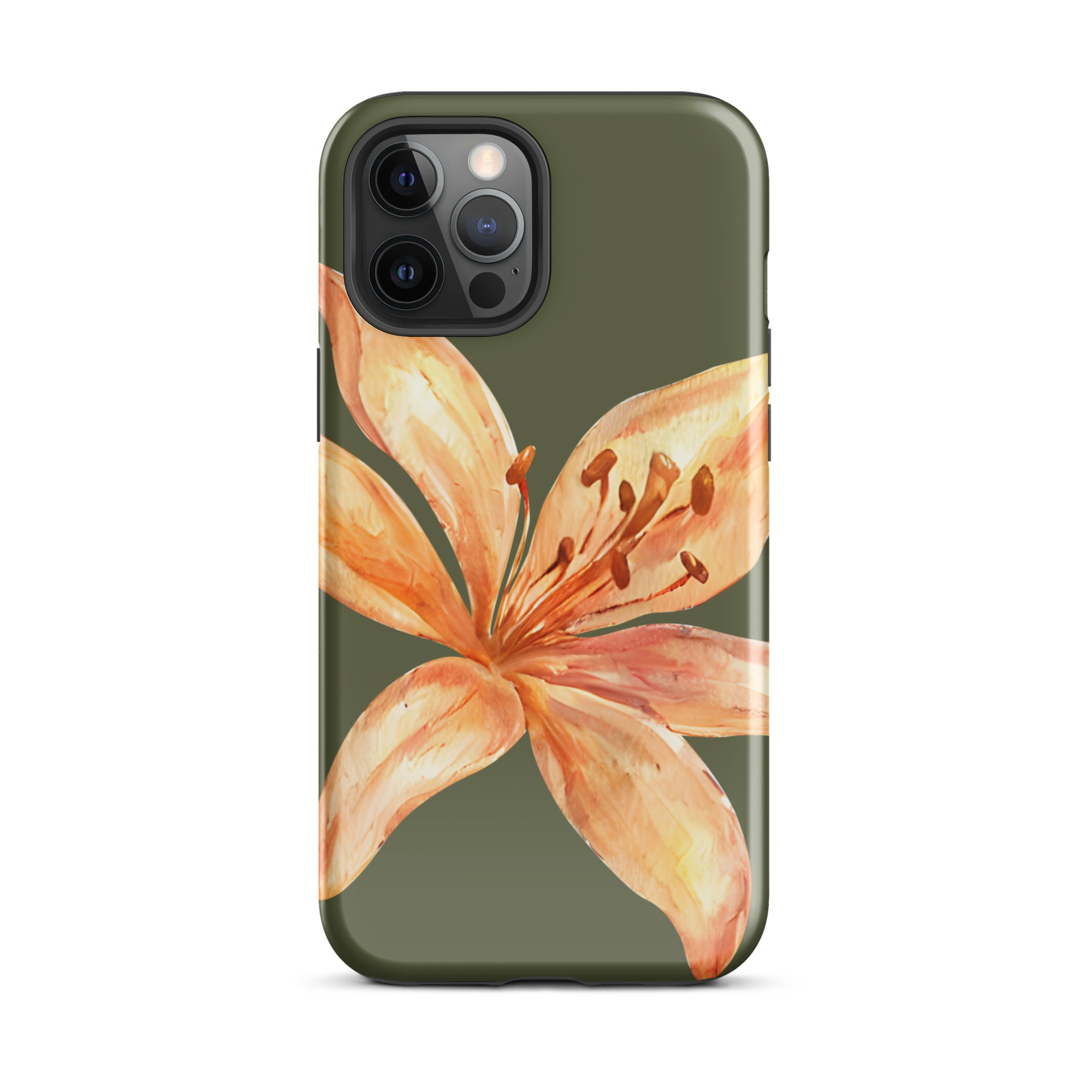 Tiger Lily IPhone Case - Botanical Art Floral y2k preppy Phone cover with orange flower design on olive green background