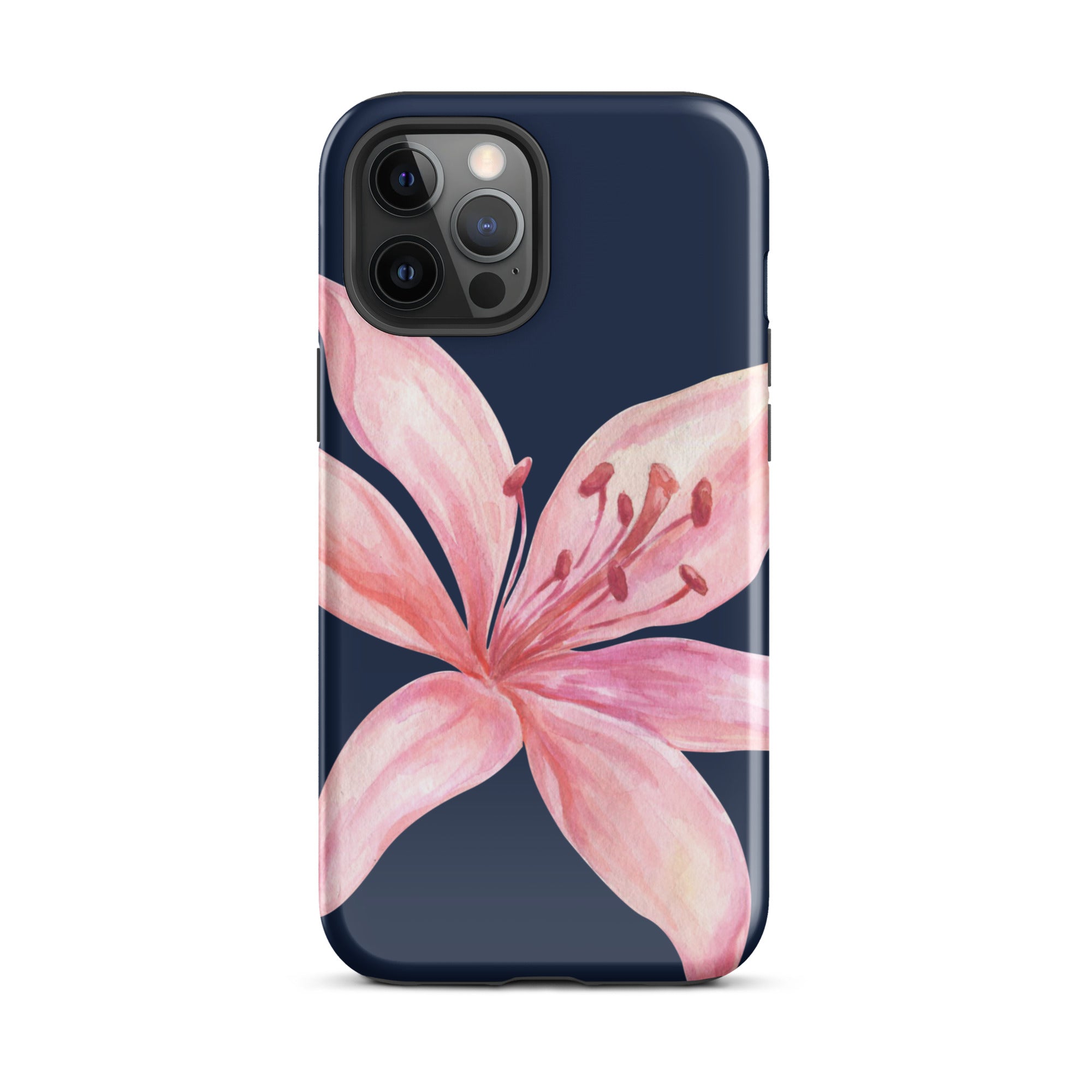 Blue pink tiger lily iPhone case on a navy background; durable dual-layer polycarbonate–TPU protection.