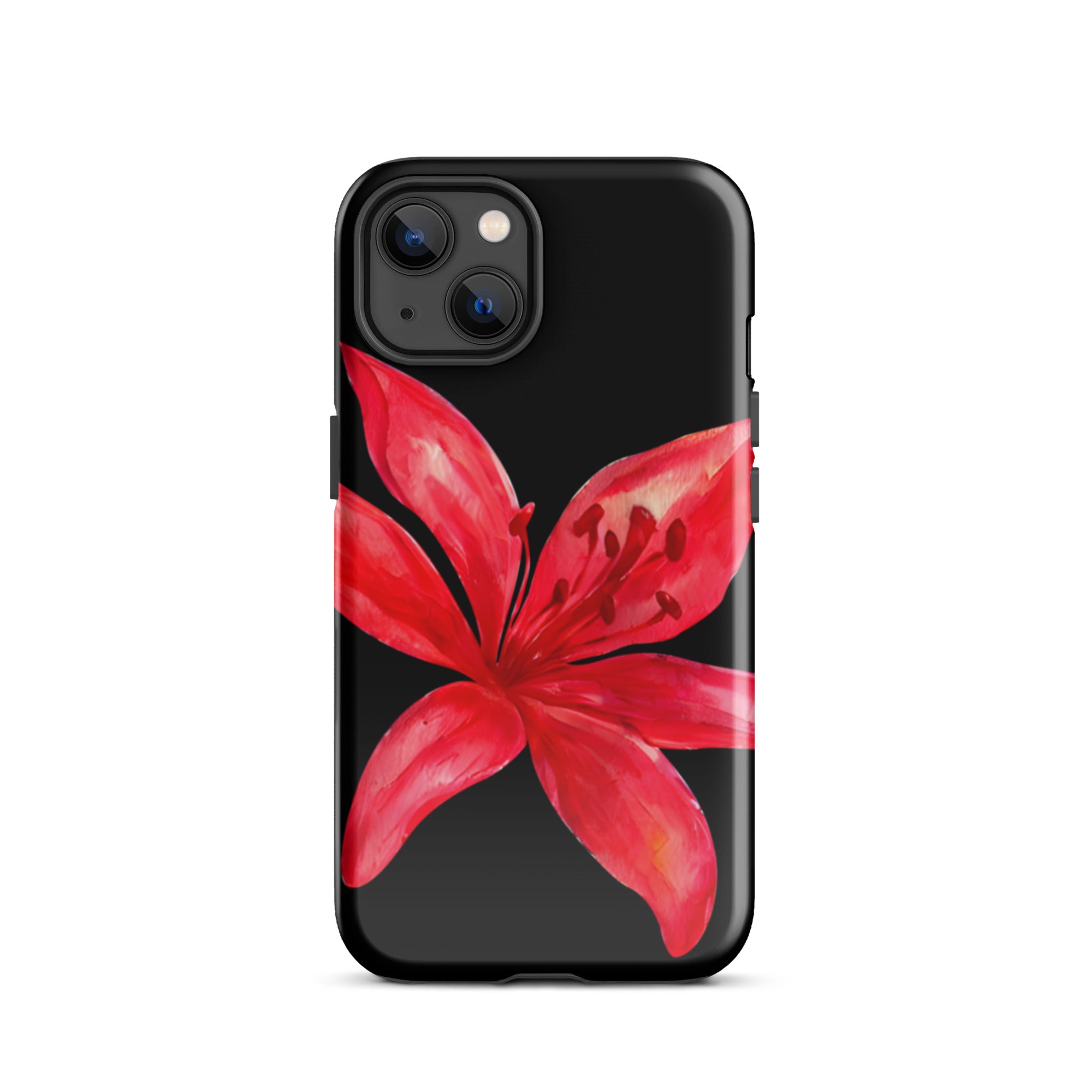 Red Tiger Lily IPhone Case - Y2K Floral Black Phone Case With Dual Layer Protection In Glossy Or Matte Finish showing red flower design on black background