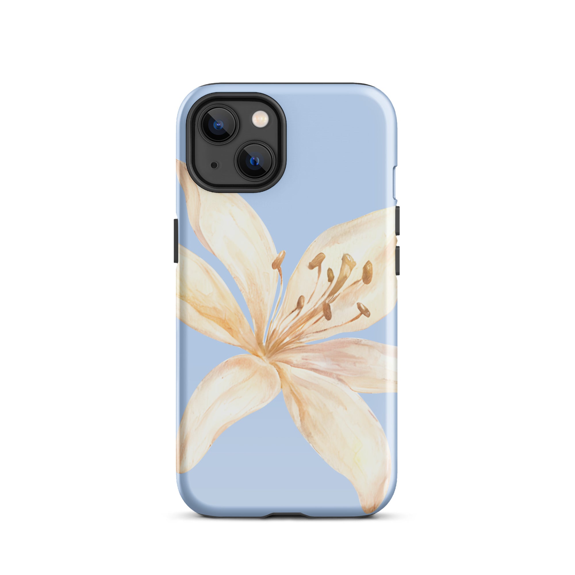 Sky Blue Off White Tiger Lily IPhone Case - Floral y2k preppy phone cover with a large lily design on blue background