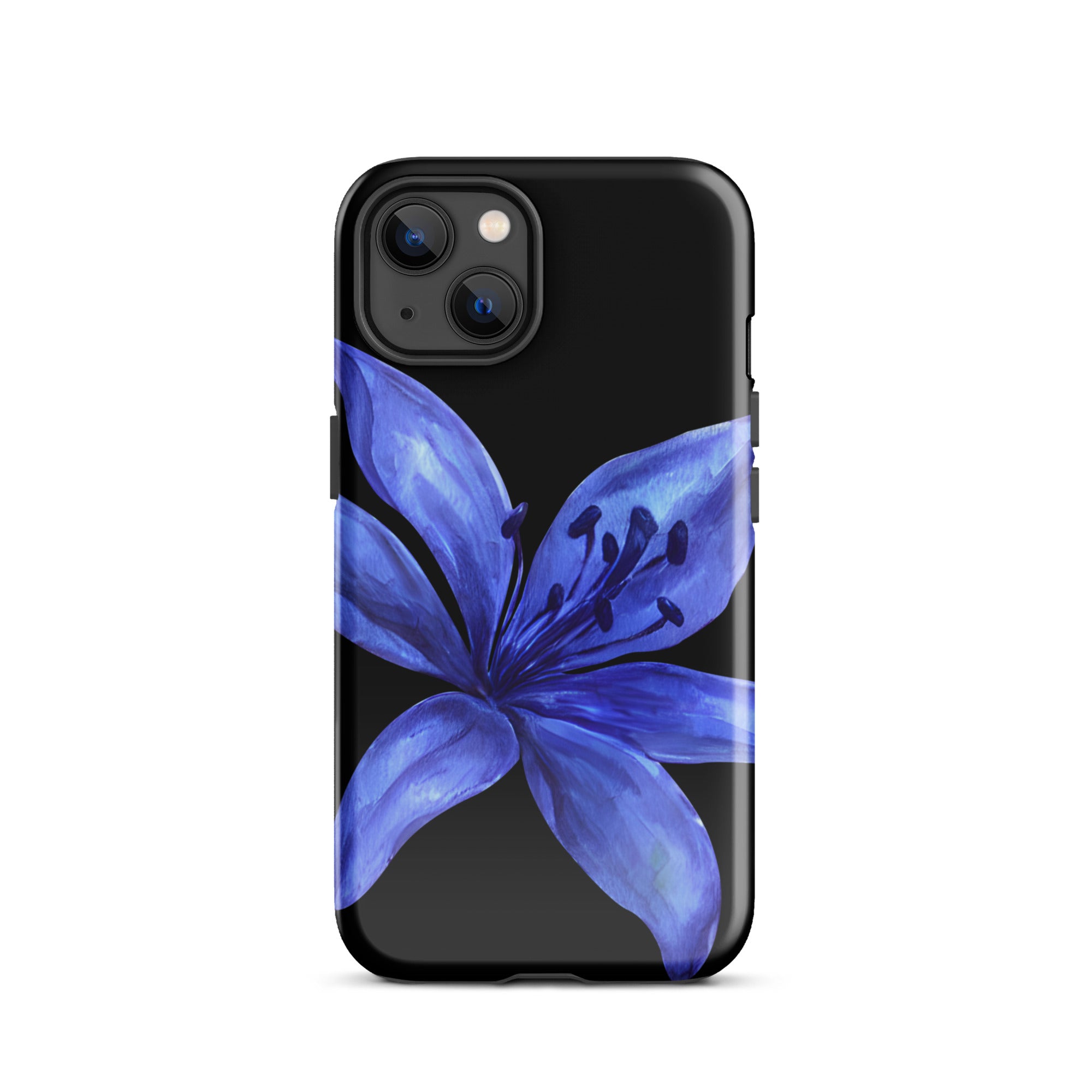 Blue tiger lily design on black dual-layer iPhone case with camera cutout