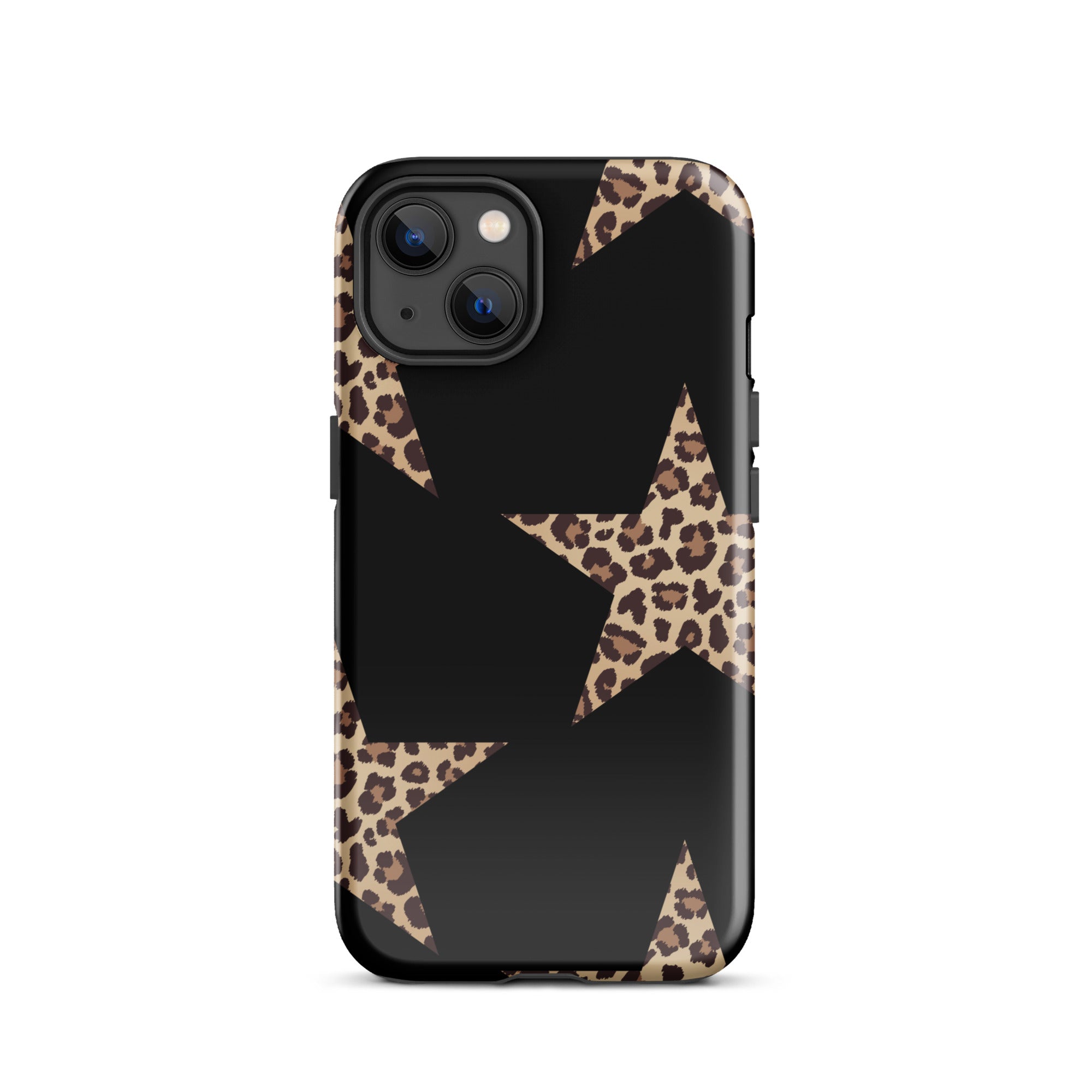 Black Cheetah Stars iPhone case with leopard-print star shapes and rugged dual-layer protection.