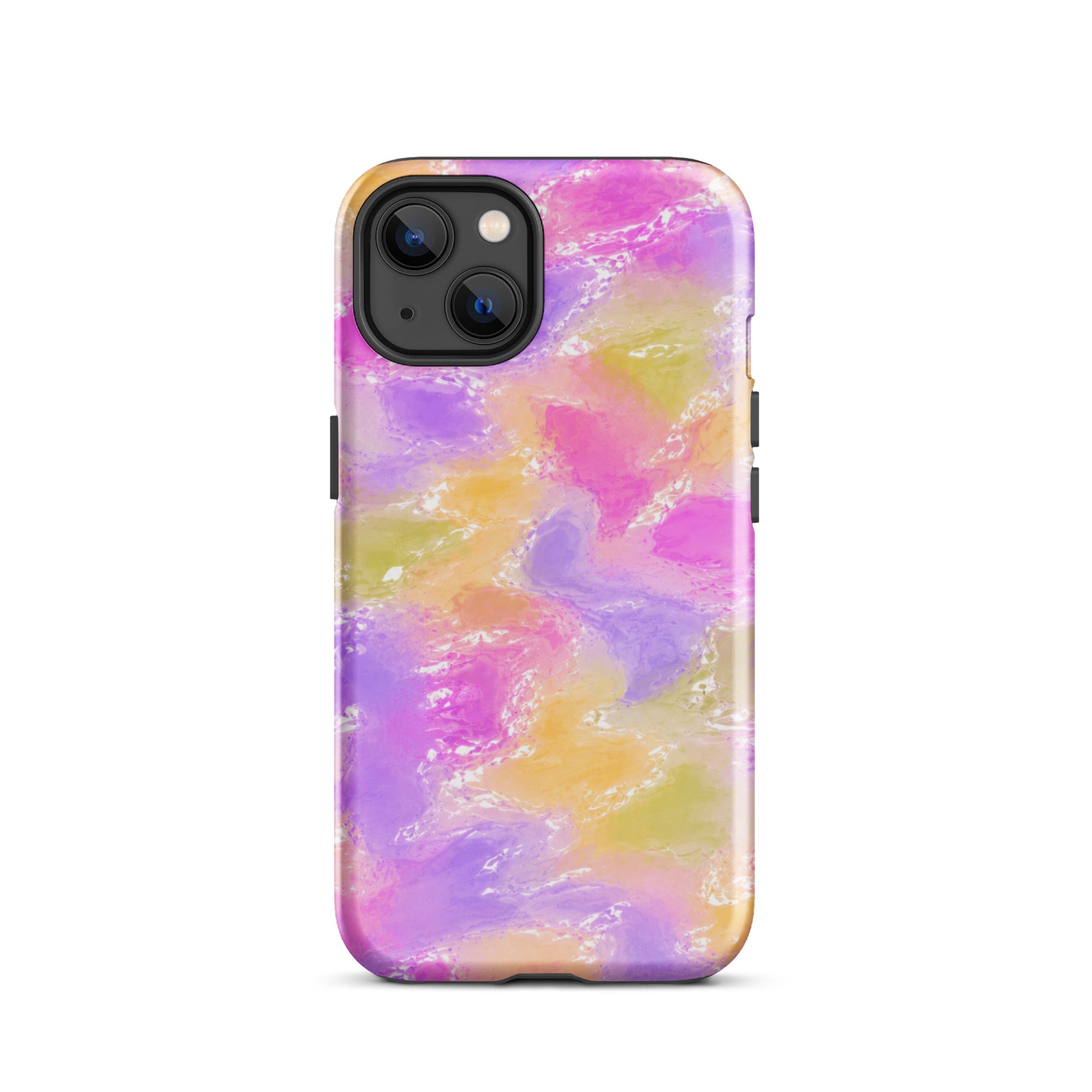 Back view of colorful marble iPhone case with triple camera cutout