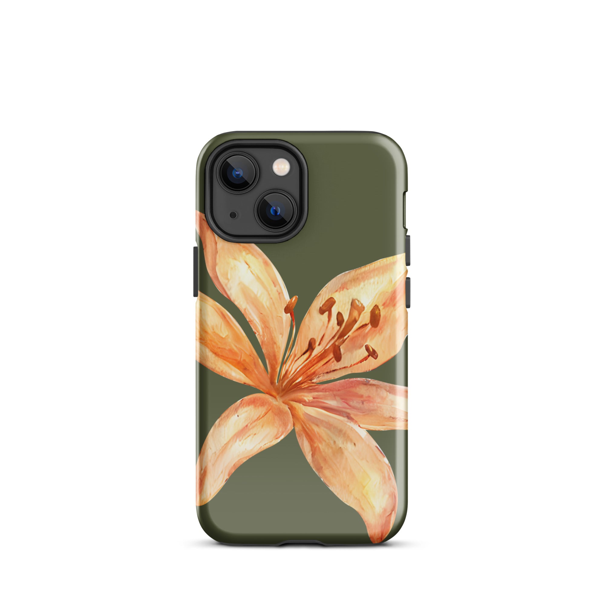 Tiger Lily IPhone Case - Botanical Art Floral y2k preppy Phone cover with orange lily design on olive green background