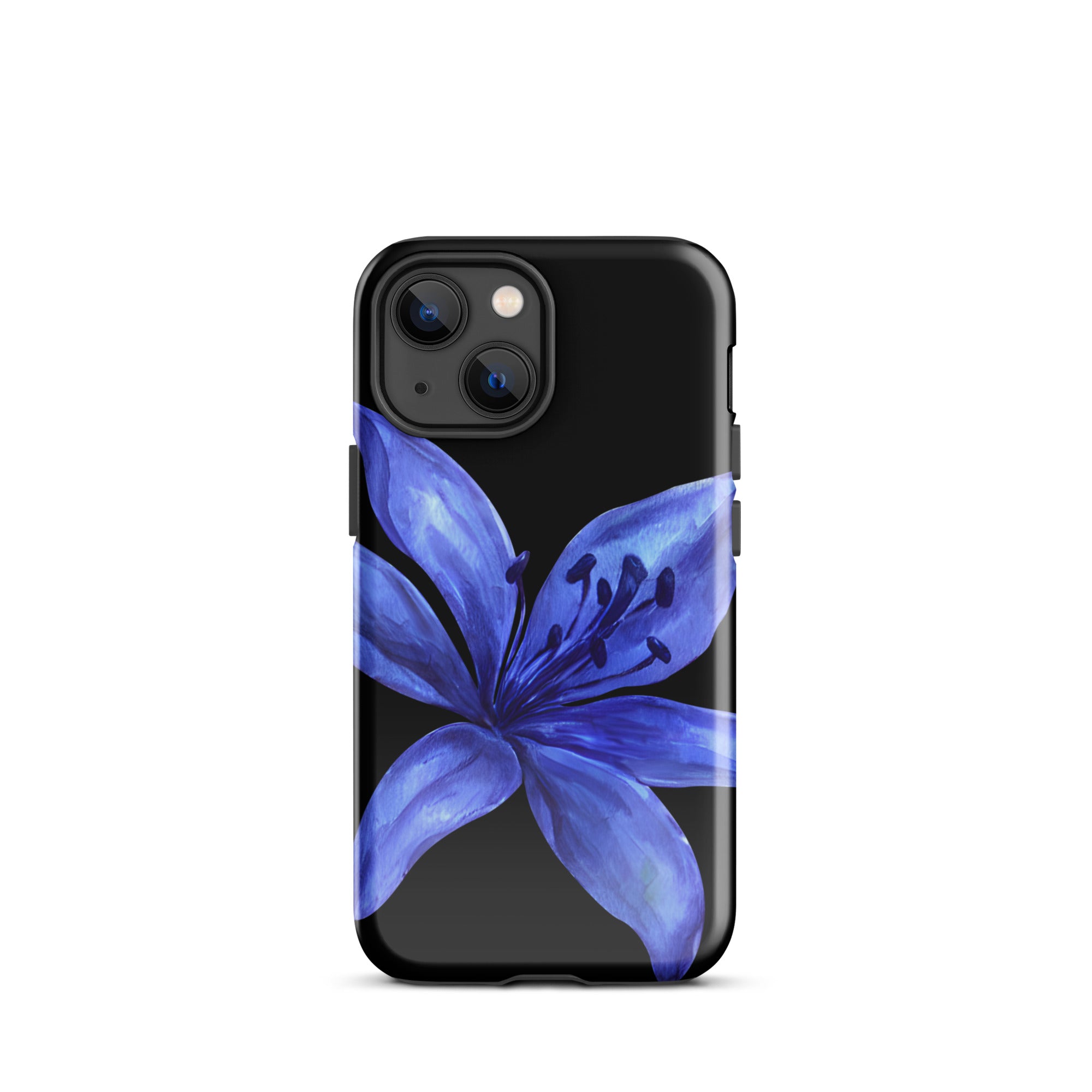 Blue and black tiger lily design on a black dual-layer iPhone case with polycarbonate shell and TPU inner lining.