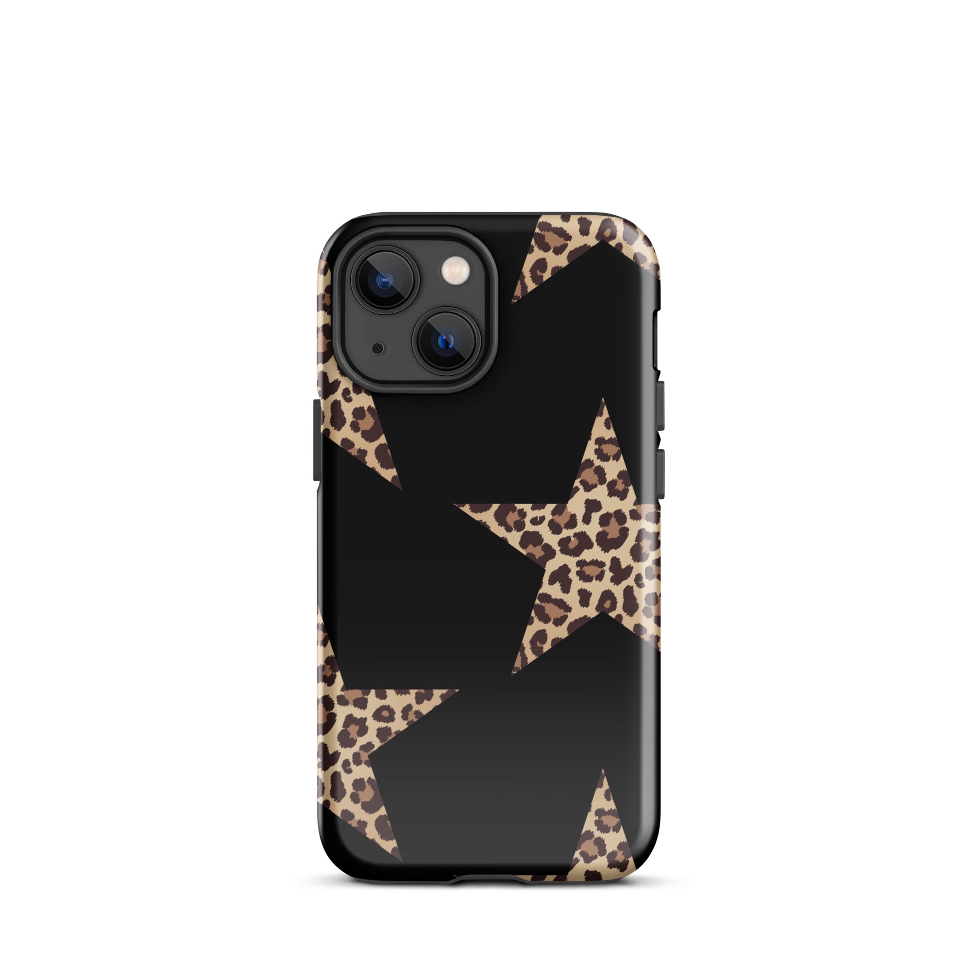 Black iPhone case with leopard-print star shapes and dual-layer protection.