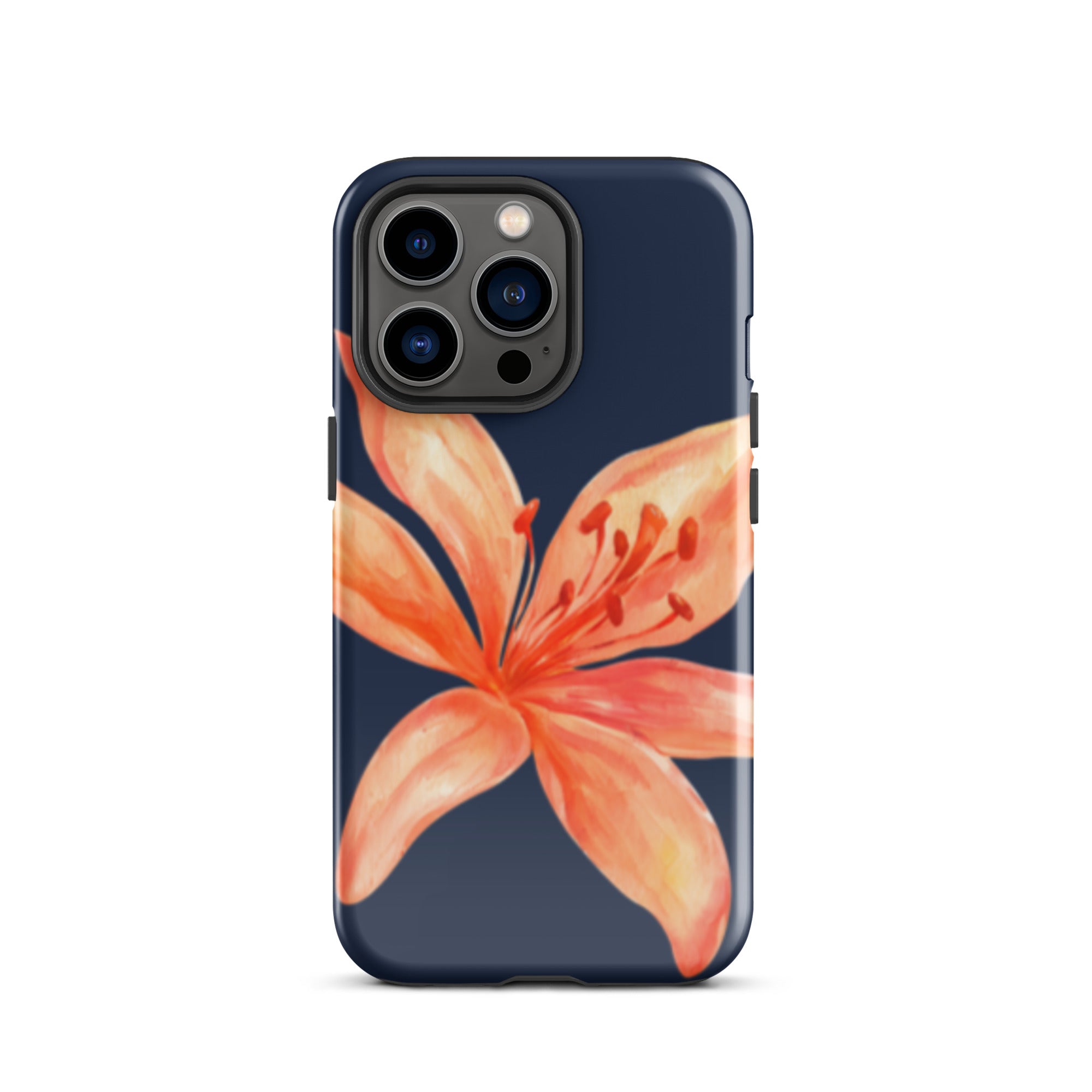 Coral Tiger Lily iPhone Case - Y2K Floral Navy With Glossy Or Matte featuring a large coral floral design on navy background