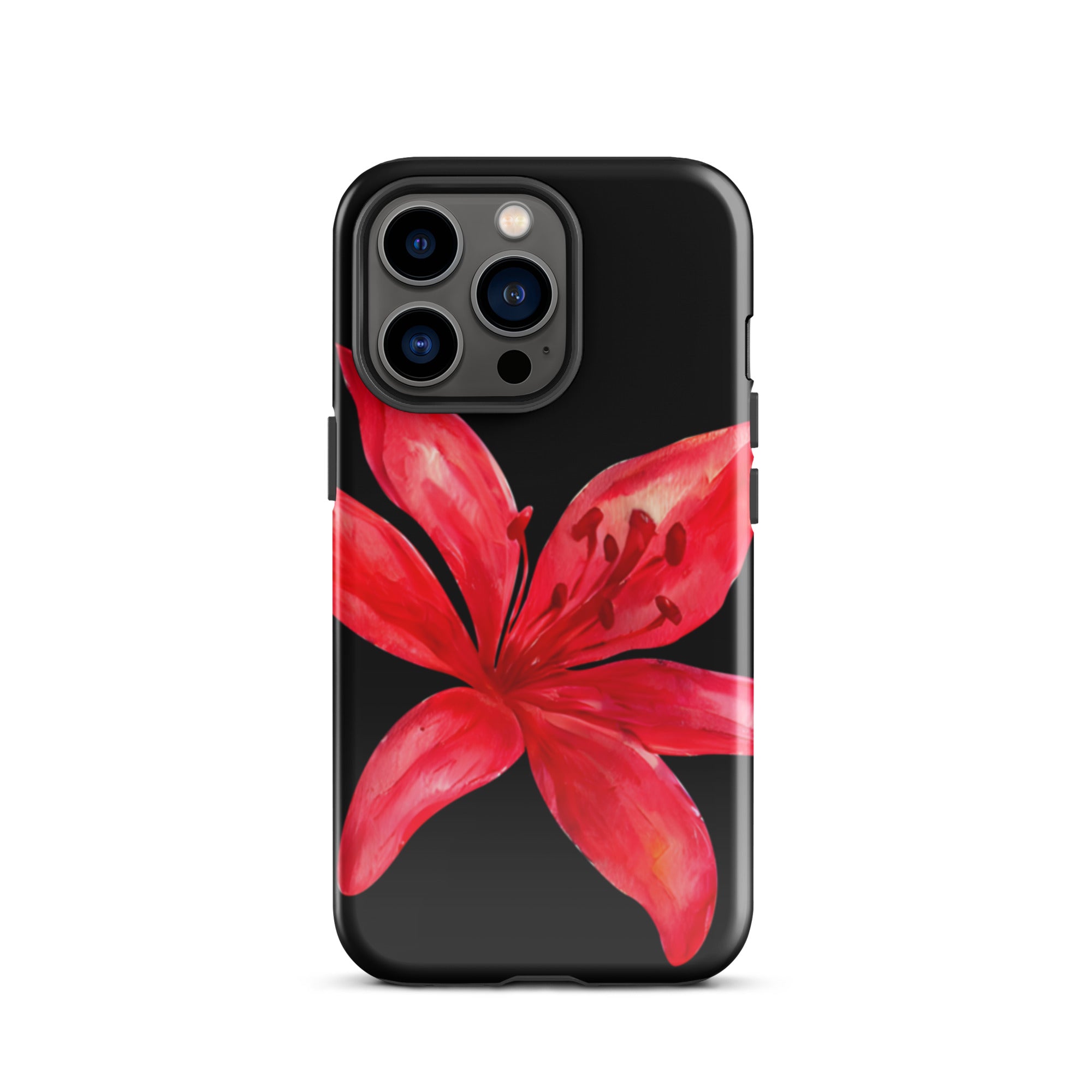 Red Tiger Lily IPhone Case - Y2K Floral Black Phone Case With Dual Layer Protection In Glossy Or Matte Finish featuring bold red flower design