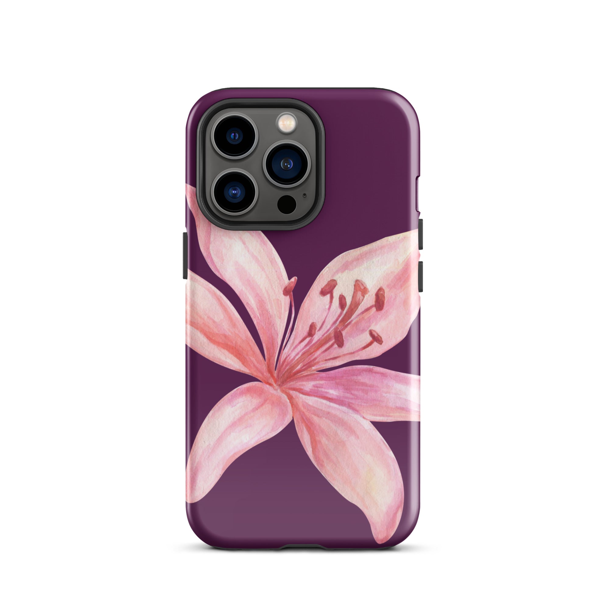 Tiger Lily Purple Pink iPhone Case - Dual Layer Protection With Polycarbonate Outer Shell featuring a pink flower design on purple background.