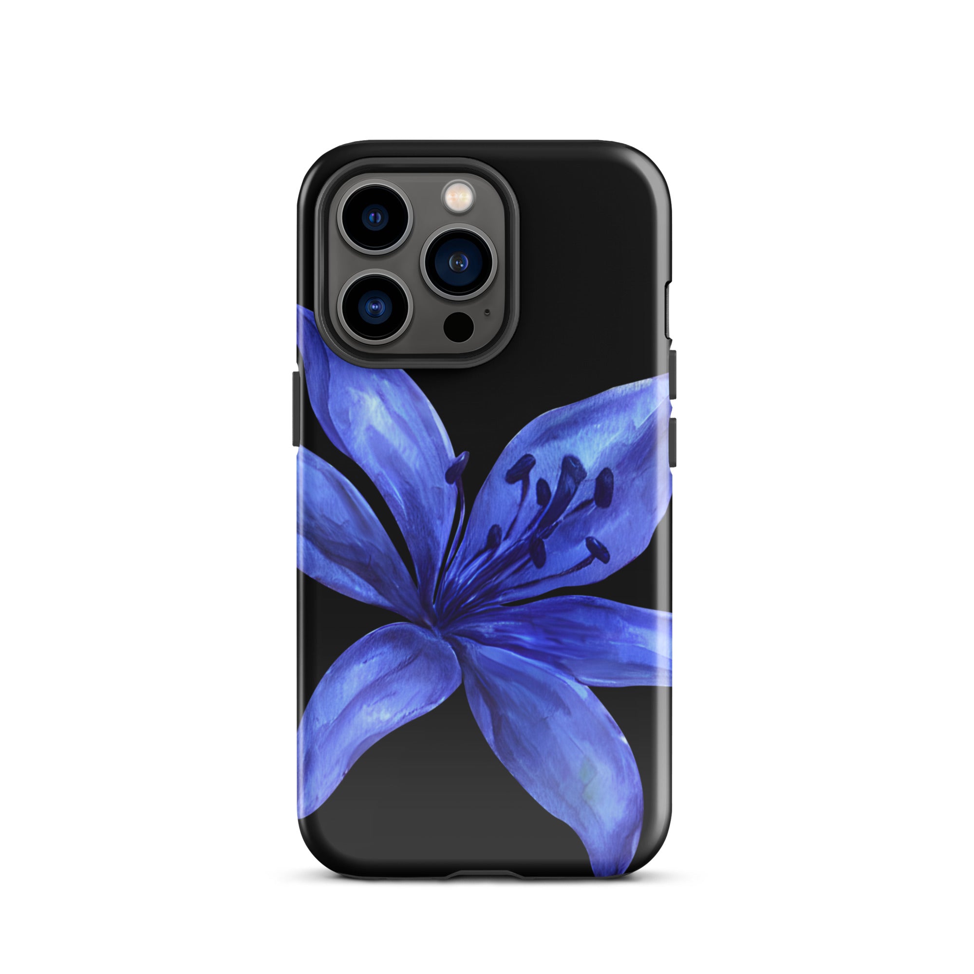 Blue tiger lily pattern on black dual-layer iPhone case with polycarbonate shell and TPU lining