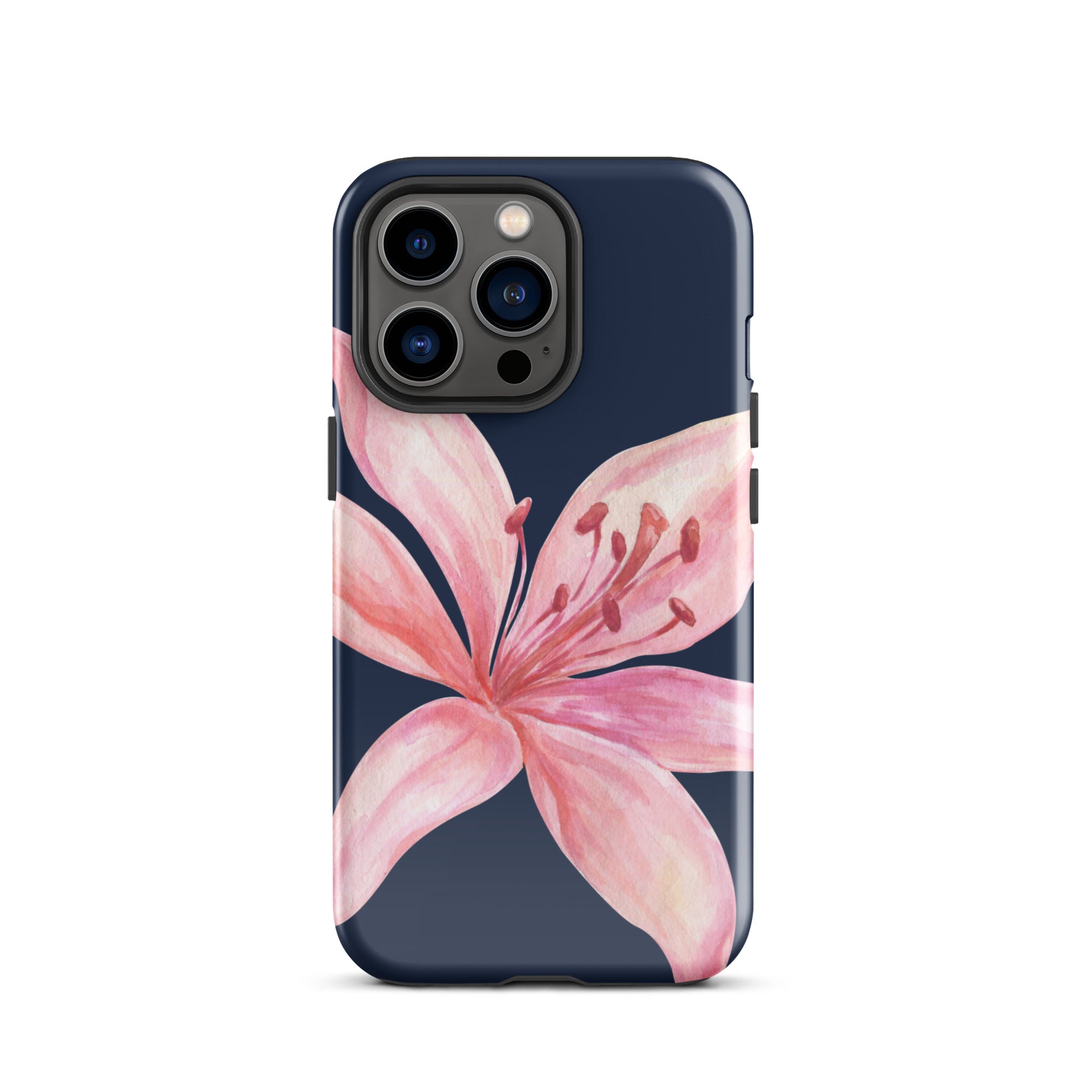 Blue navy iPhone case with pink tiger lily illustration; dual-layer polycarbonate exterior with TPU liner.