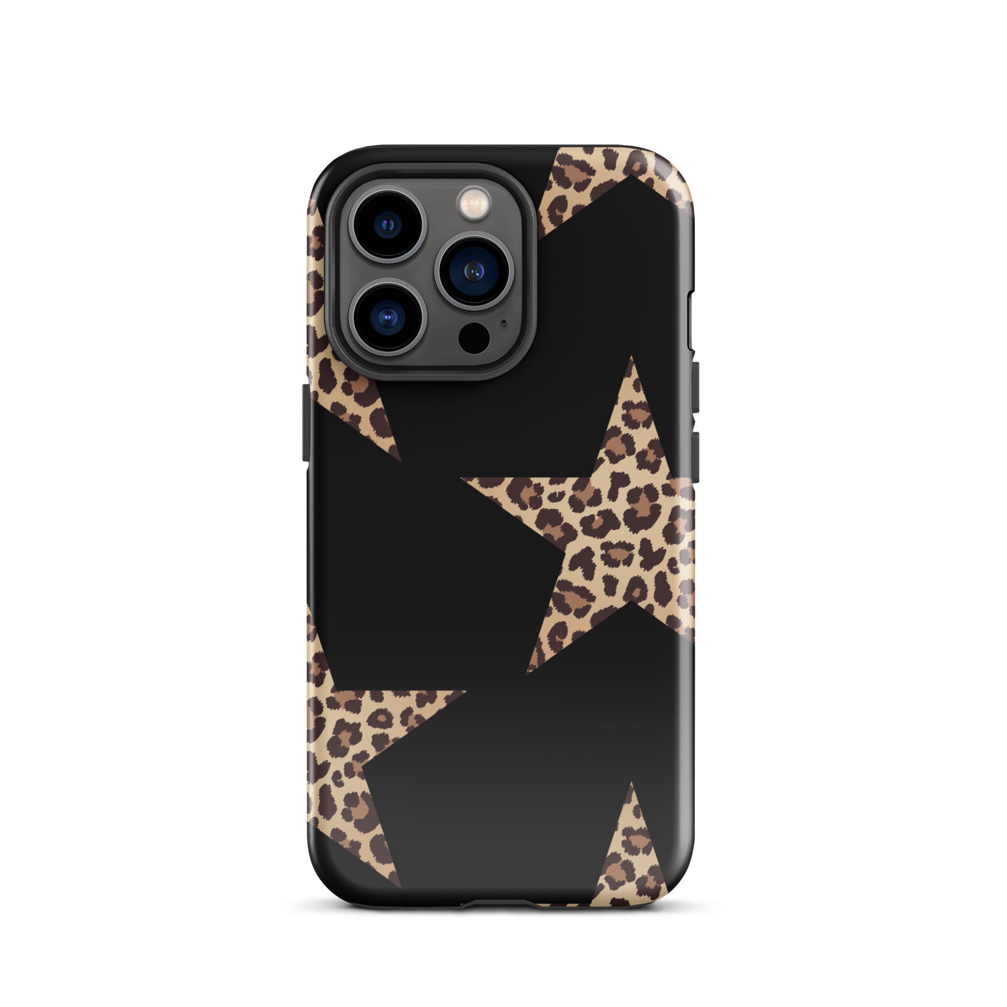 Black iPhone case with leopard-print star designs and dual-layer protection.