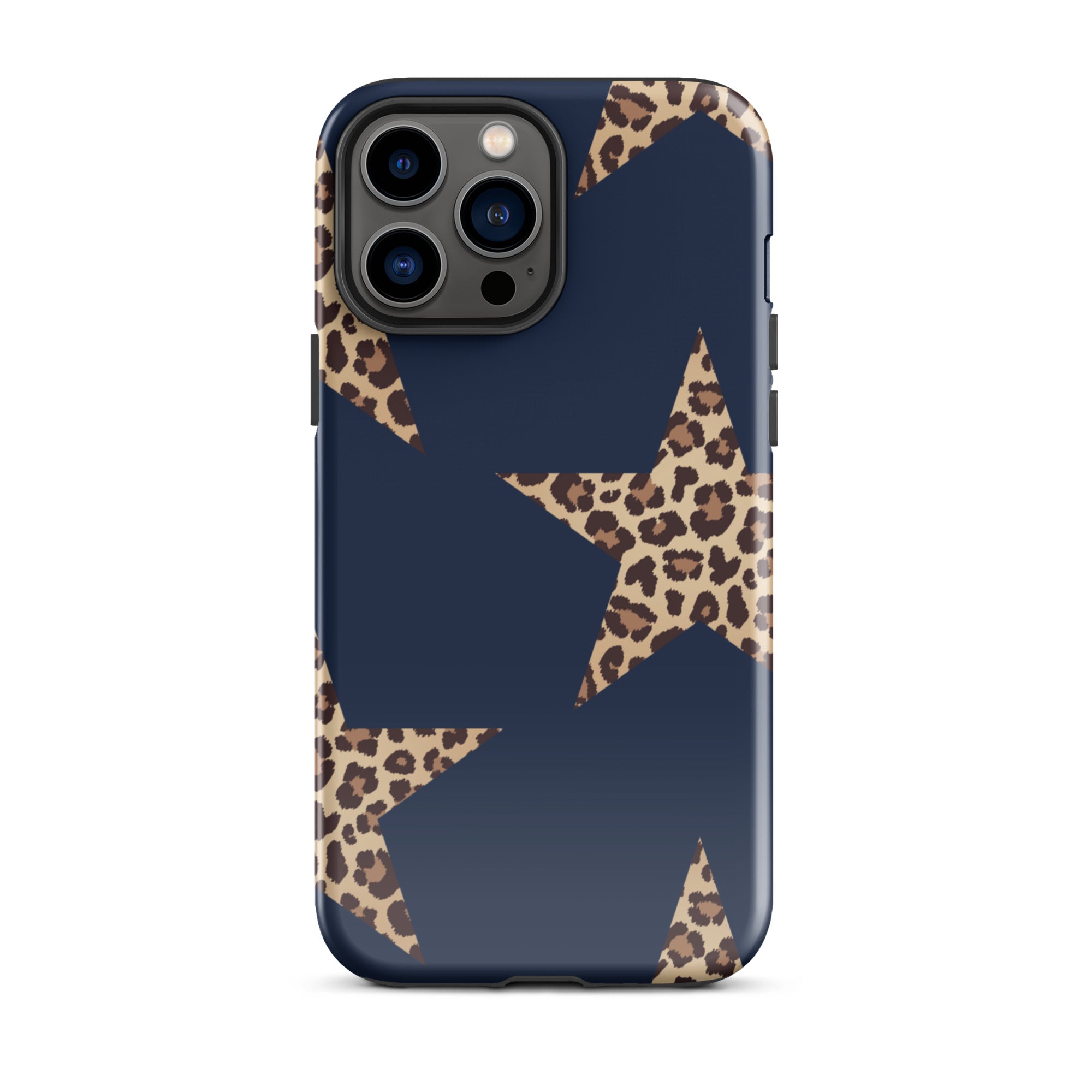 Navy Cheetah Stars iPhone Case - Leopard Star phone cover Dual Layer Bold Style with leopard print stars on navy background