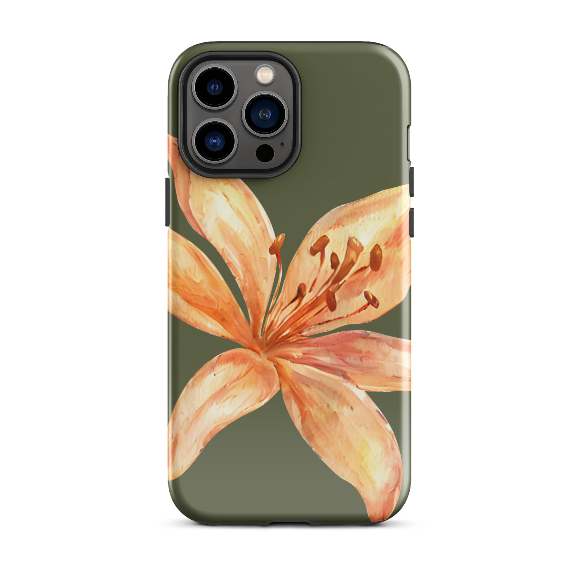 Tiger Lily IPhone Case - Botanical Art Floral y2k preppy Phone cover with orange flower on olive green background