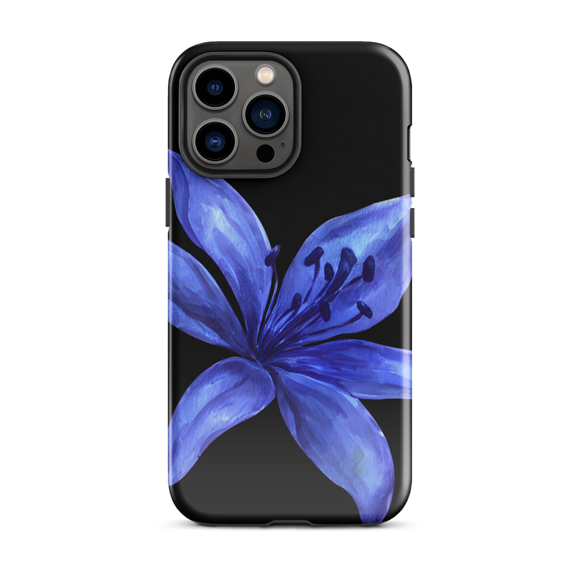 Blue tiger lily on black dual-layer iPhone case with polycarbonate shell and TPU lining.
