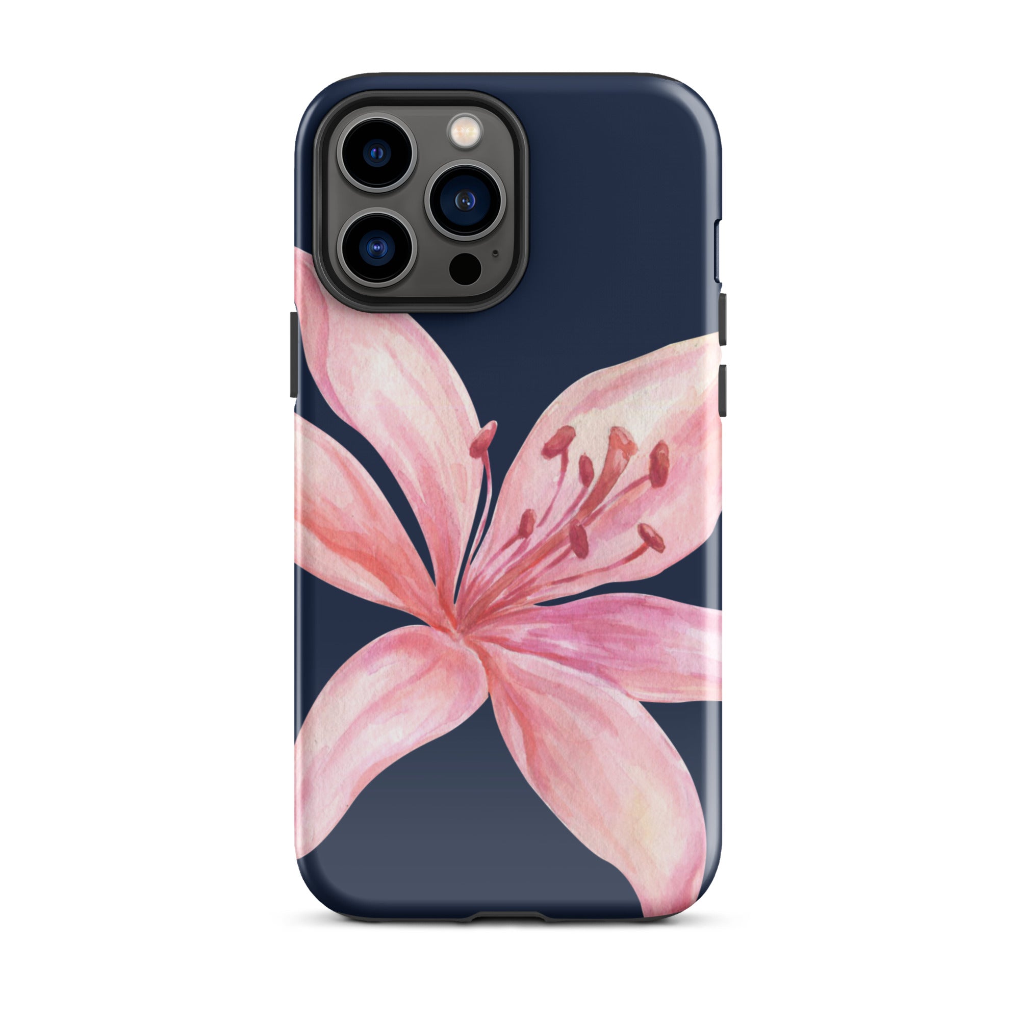 Blue navy iPhone case with a pink tiger lily design, dual-layer polycarbonate outer shell and TPU inner lining.