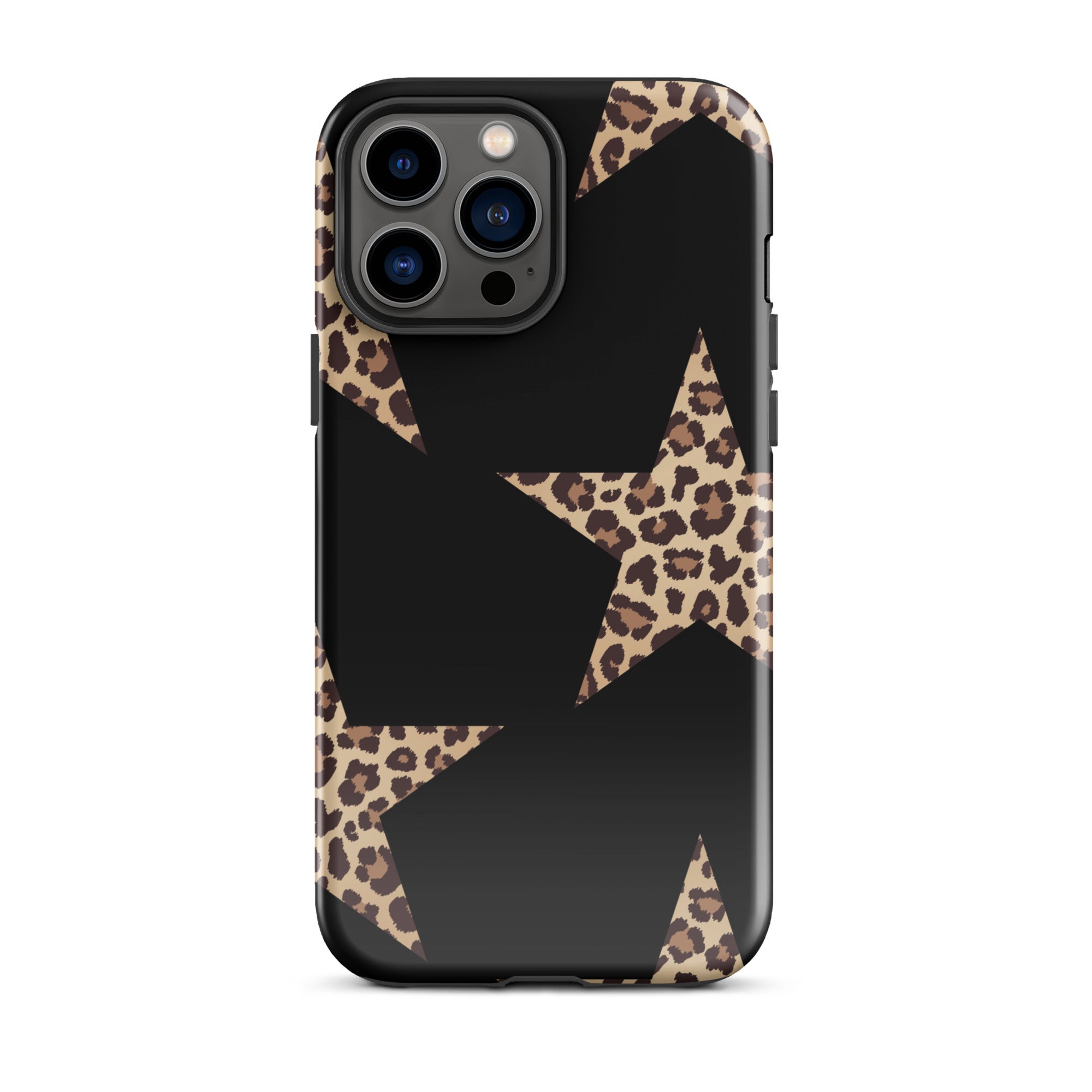 Black Cheetah Stars iPhone case with leopard-print stars and dual-layer protection