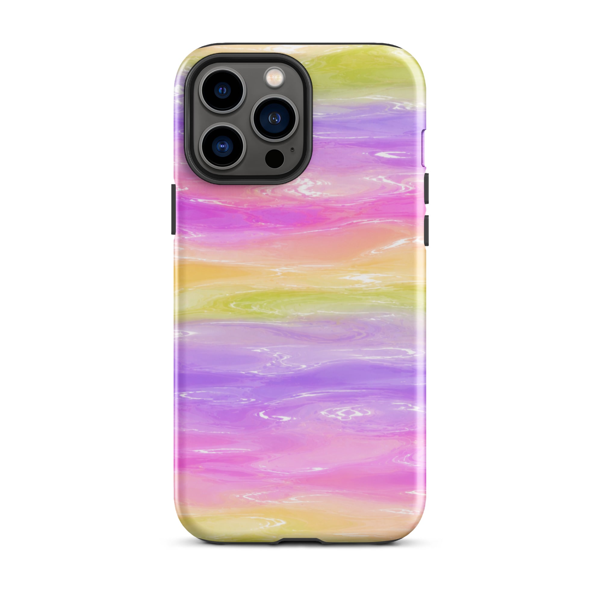 Close-up of colorful marble iPhone case with triple camera cutout