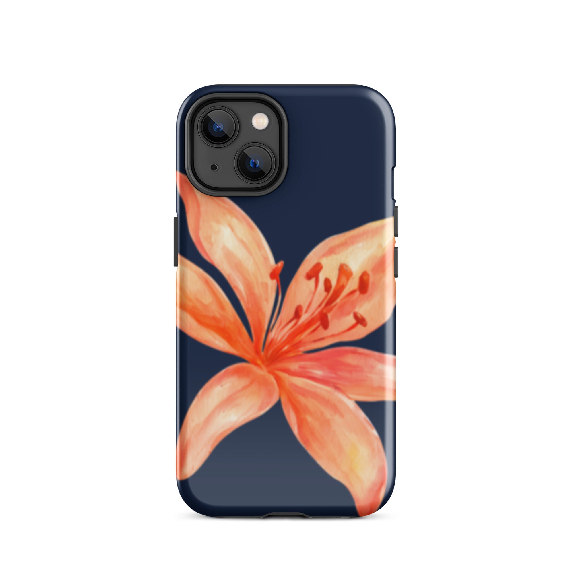 Coral Tiger Lily iPhone Case - Y2K Floral Navy With Glossy Or Matte with orange lily on navy background
