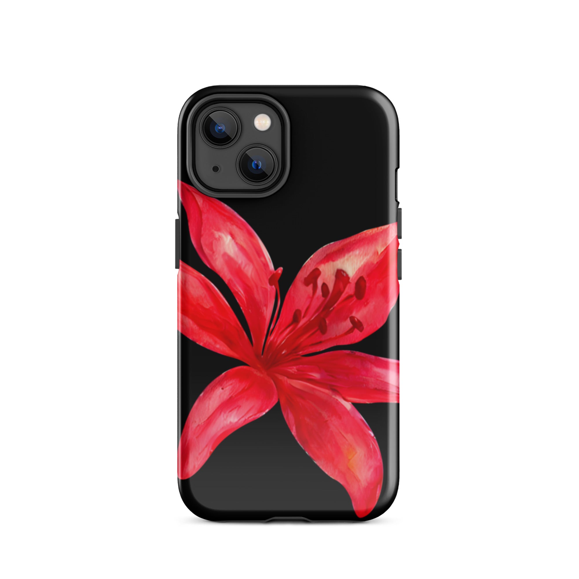 Red Tiger Lily IPhone Case - Y2K Floral Black Phone Case With Dual Layer Protection In Glossy Or Matte Finish with bright red floral design