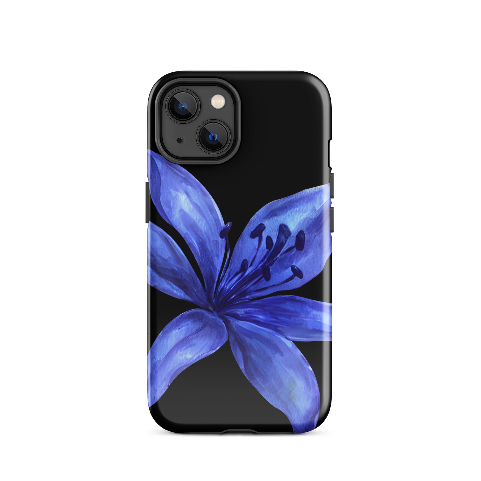 Blue tiger lily iPhone case on a black background with durable dual-layer polycarbonate outer and TPU inner.