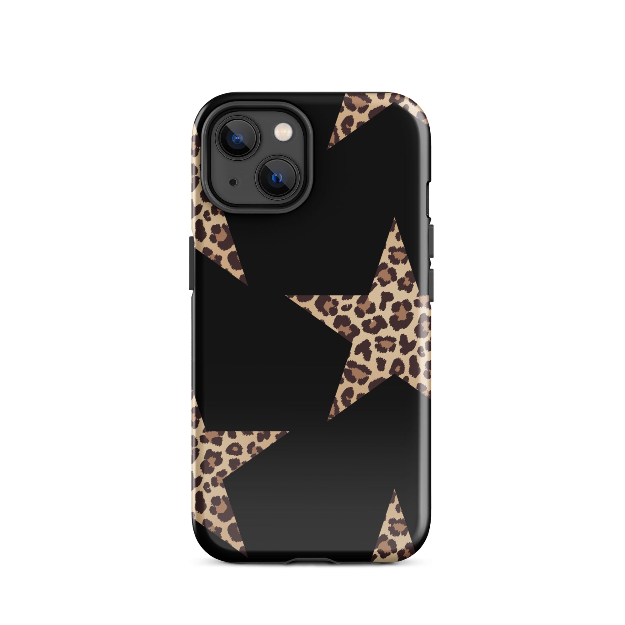 Black Cheetah Stars iPhone Case with leopard-print stars on a black shell, dual-layer protection.