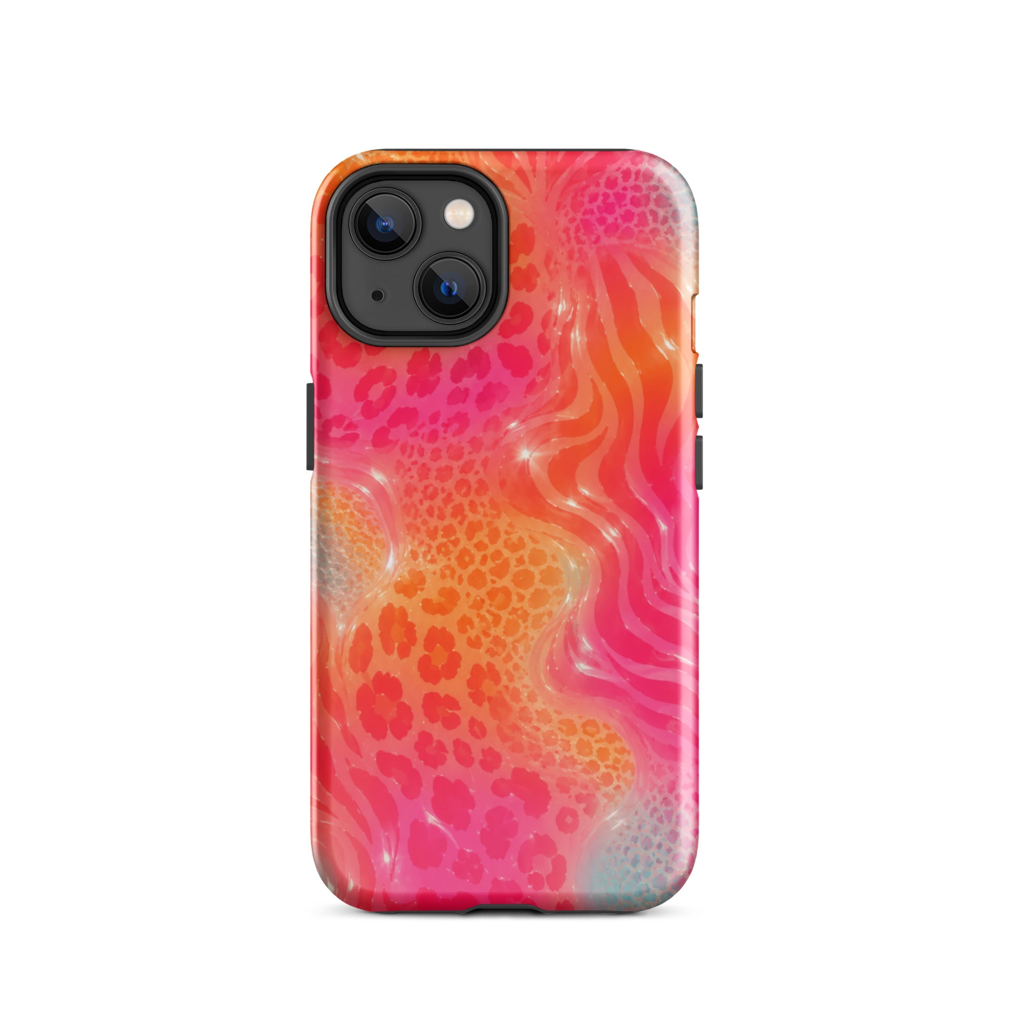 Front view of vibrant animal print iPhone case with shockproof design