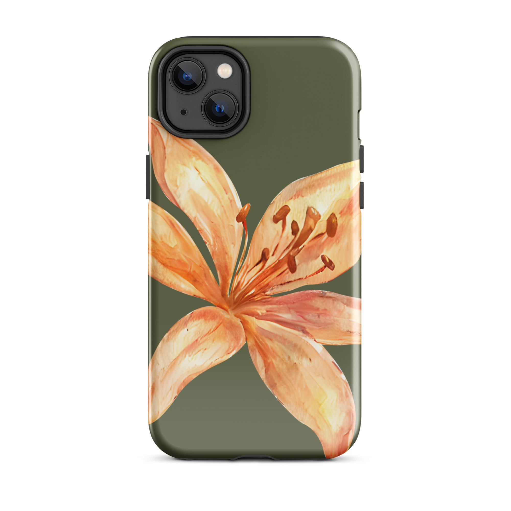 Tiger Lily IPhone Case - Botanical Art Floral y2k preppy Phone cover with orange flower on olive green background