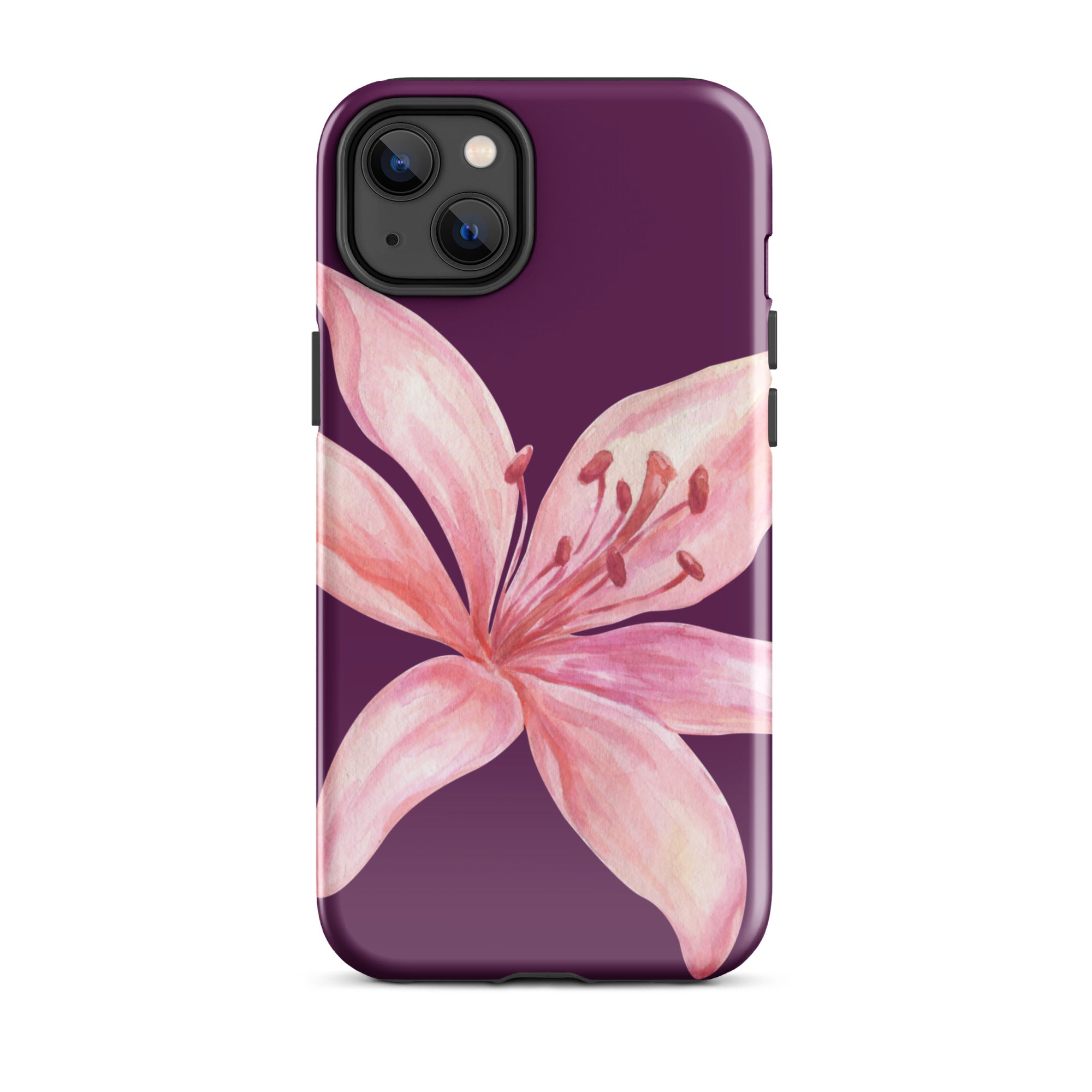 Tiger Lily Purple Pink iPhone Case - Dual Layer Protection With Polycarbonate Outer Shell showcasing a pink lily design on purple background
