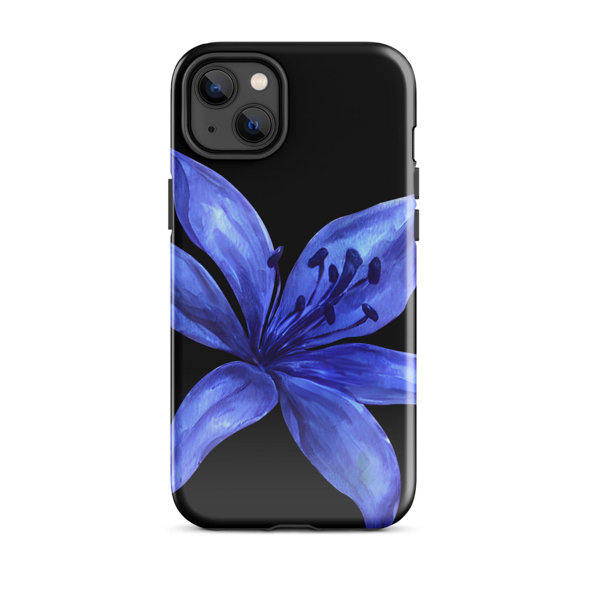 Blue and black tiger lily iPhone case with a vivid blue flower on a black background, dual-layer protection.