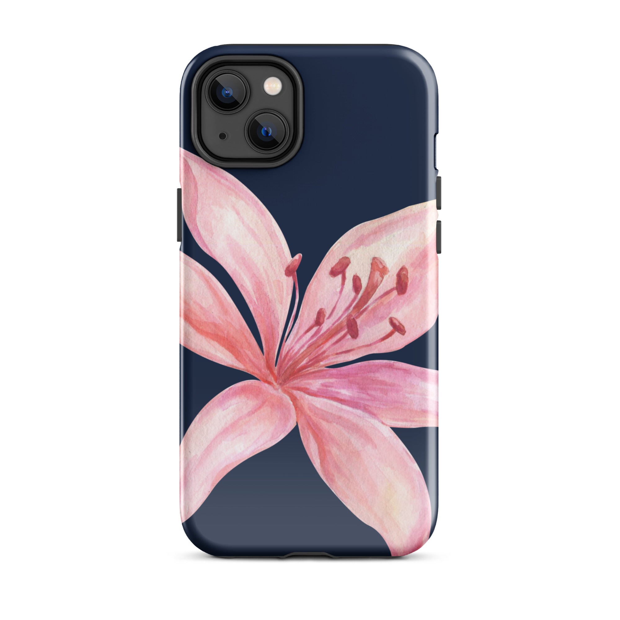 Blue navy iPhone case featuring a pink tiger lily illustration.